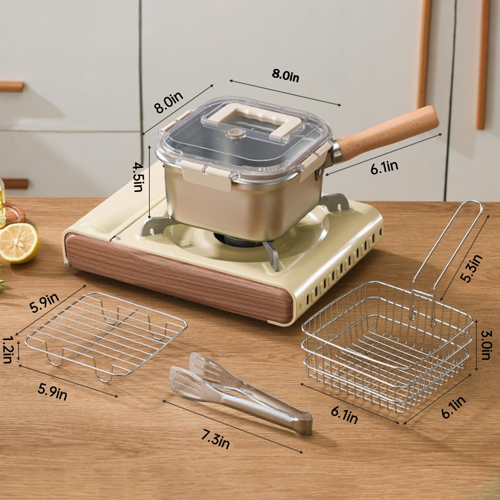 Induction Saucepan - Mini Deep Fryer - Milk Pan - Square Cooking Pot - Stainless Steel - With Frying Basket - Steaming Rack - Tongs - Glass Lid - Wooden Handle - Ramen Pan - Soup Pot - Camping Pan - 4 in 1 - Kitchen Utensils - Compact - Silver - White - 1