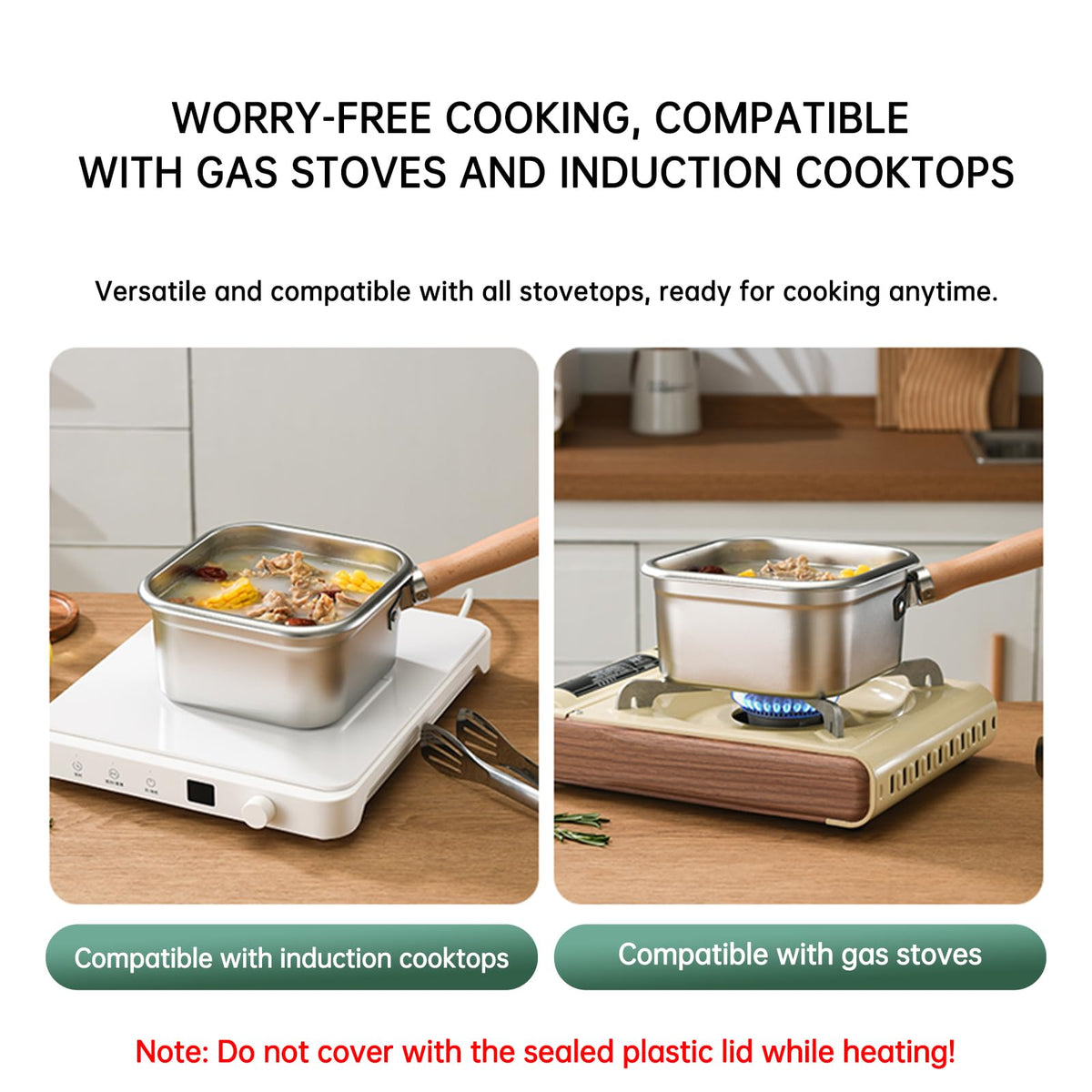 Induction Saucepan - Mini Deep Fryer - Milk Pan - Square Cooking Pot - Stainless Steel - With Frying Basket - Steaming Rack - Tongs - Glass Lid - Wooden Handle - Ramen Pan - Soup Pot - Camping Pan - 4 in 1 - Kitchen Utensils - Compact - Silver - White - 1