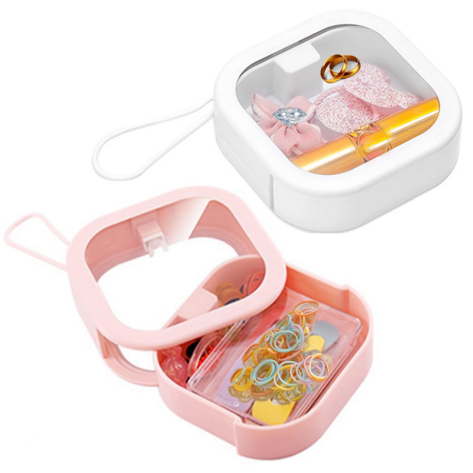 Jewelry box - Storage box - Cotton swab holder - Travel organizer - Makeup organizer - Hair accessories - Jewelry organizer - Bathroom accessories - Cable organizer - Storage tray - White - Pink - 2 pieces