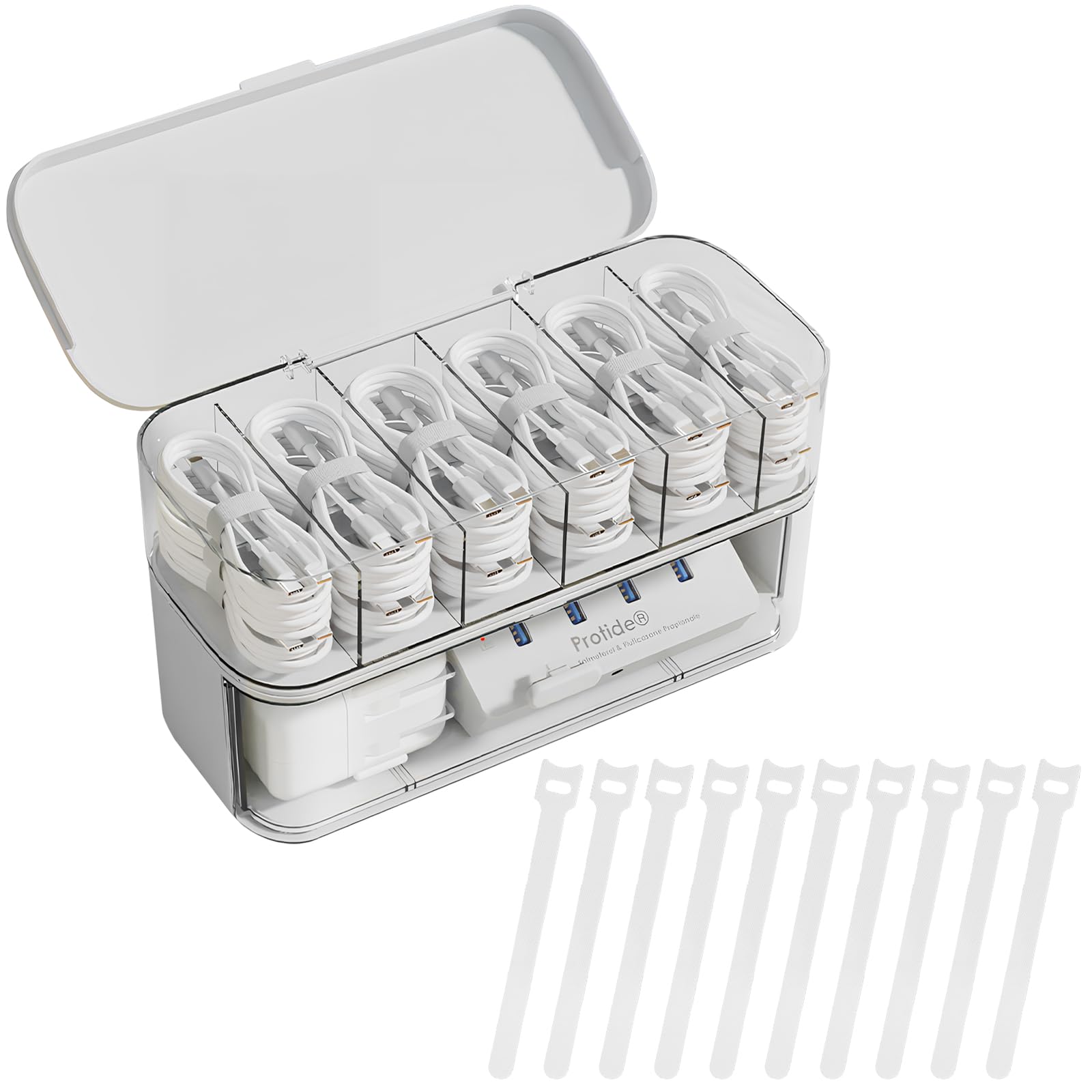 Cable organizer - Charger organizer - Cable box - Desk organizer - Storage box with compartments - Office supplies - Cable management - Electronic accessories - Including 10 pcs Cable ties - Sorting box - Storage tray - White - 1 piece