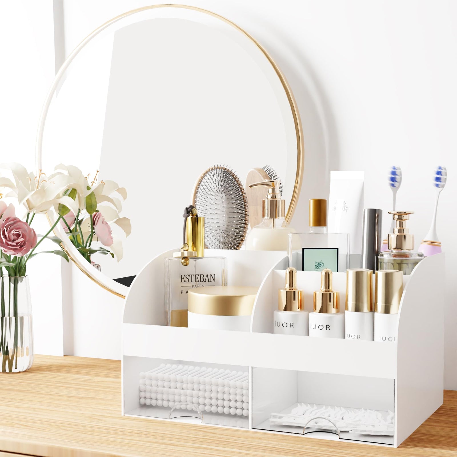 Desk organizer - Makeup organizer - Bathroom organizer - Pen tray - Drawer cabinet - Office supplies - Cosmetics organizer - Desk organizer - Desk accessories - Brush holder - Storage box with drawers - Storage system - White - 1 piece