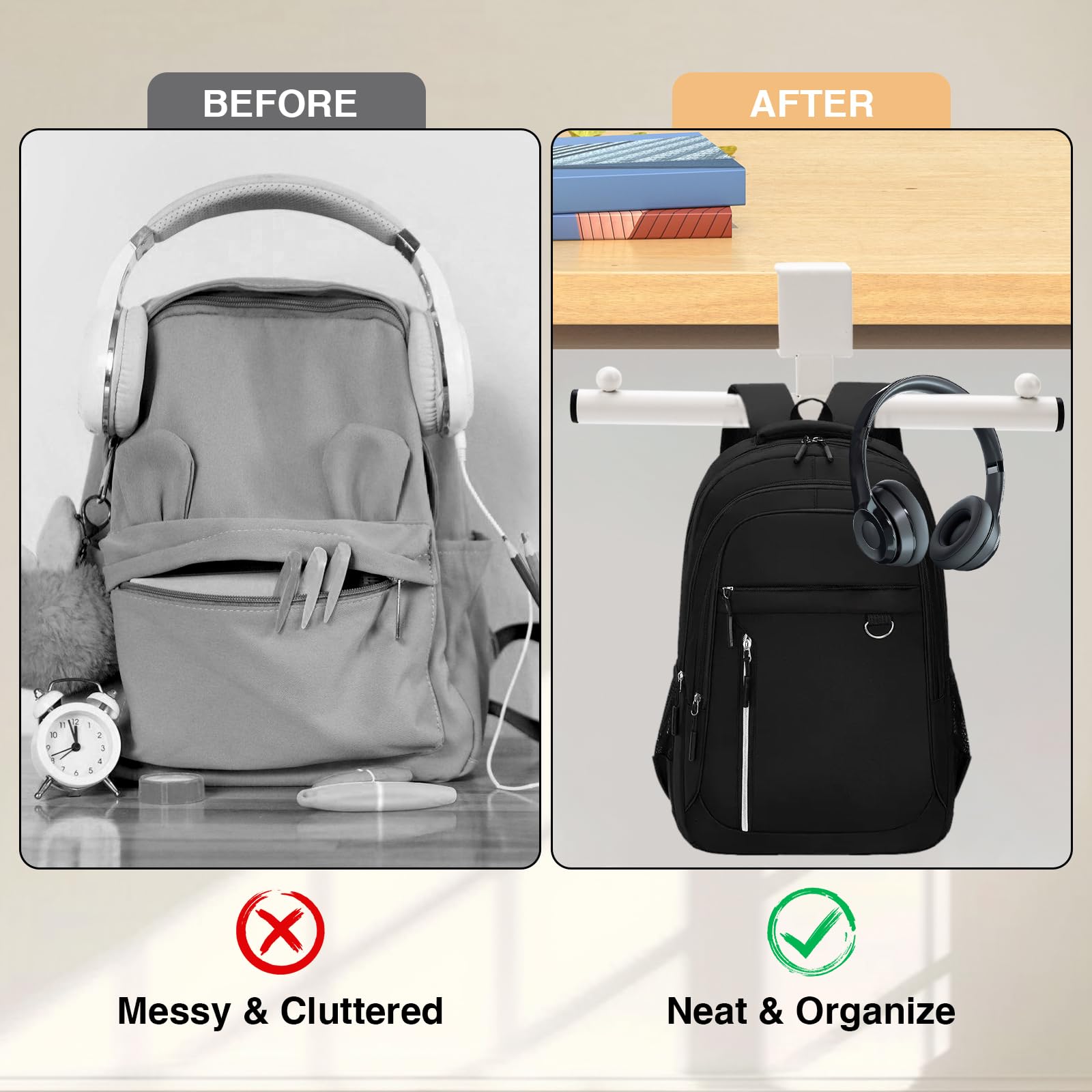 Headphone holder - Bag hook - Desk organizer - Headset holder - Desk accessories - Backpack holder - Gaming accessories - Headphone stand - Hanging hook - Office supplies - Bag hanger - White - 1 piece