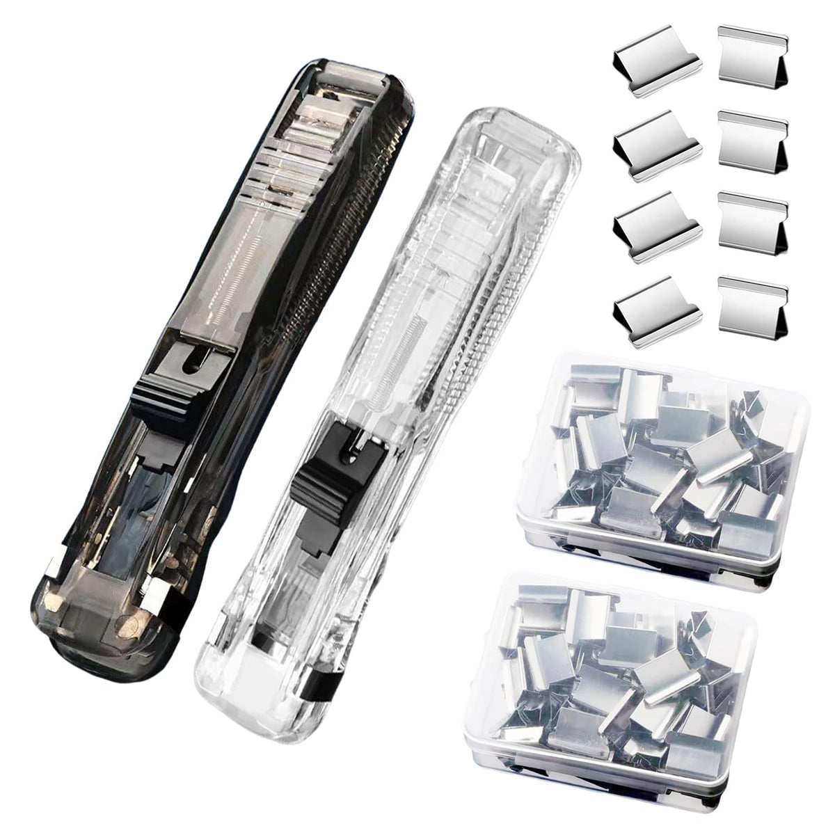 Paperclip dispenser - Stapler without staples - Paper clips - 100 pieces refill clips - Office supplies - Paper clam - Reusable paper clips - Desk accessories - Document organizer - Clamps - Black - White - 2 pieces