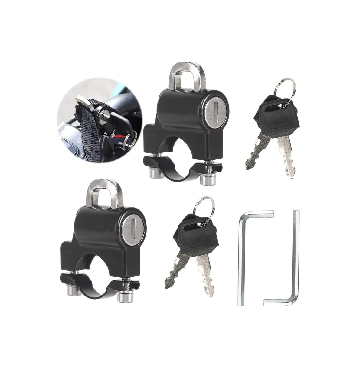 Helmet Lock Motorcycle &amp; Scooter - Universal Helmet Lock - 22-25mm Handlebar Mount - Anti-Theft - Helmet Holder - Motorcycle Accessories - Moped Lock - Security Lock with Key - Easy Installation - Helmet Security - Metal - Black - Set of 2