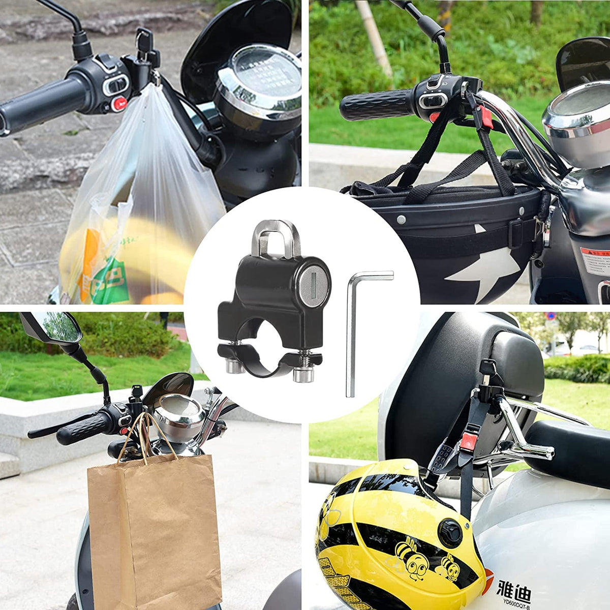 Helmet Lock Motorcycle & Scooter - Universal Helmet Lock - 22-25mm Handlebar Mount - Anti-Theft - Helmet Holder - Motorcycle Accessories - Moped Lock - Security Lock with Key - Easy Installation - Helmet Security - Metal - Black - Set of 2