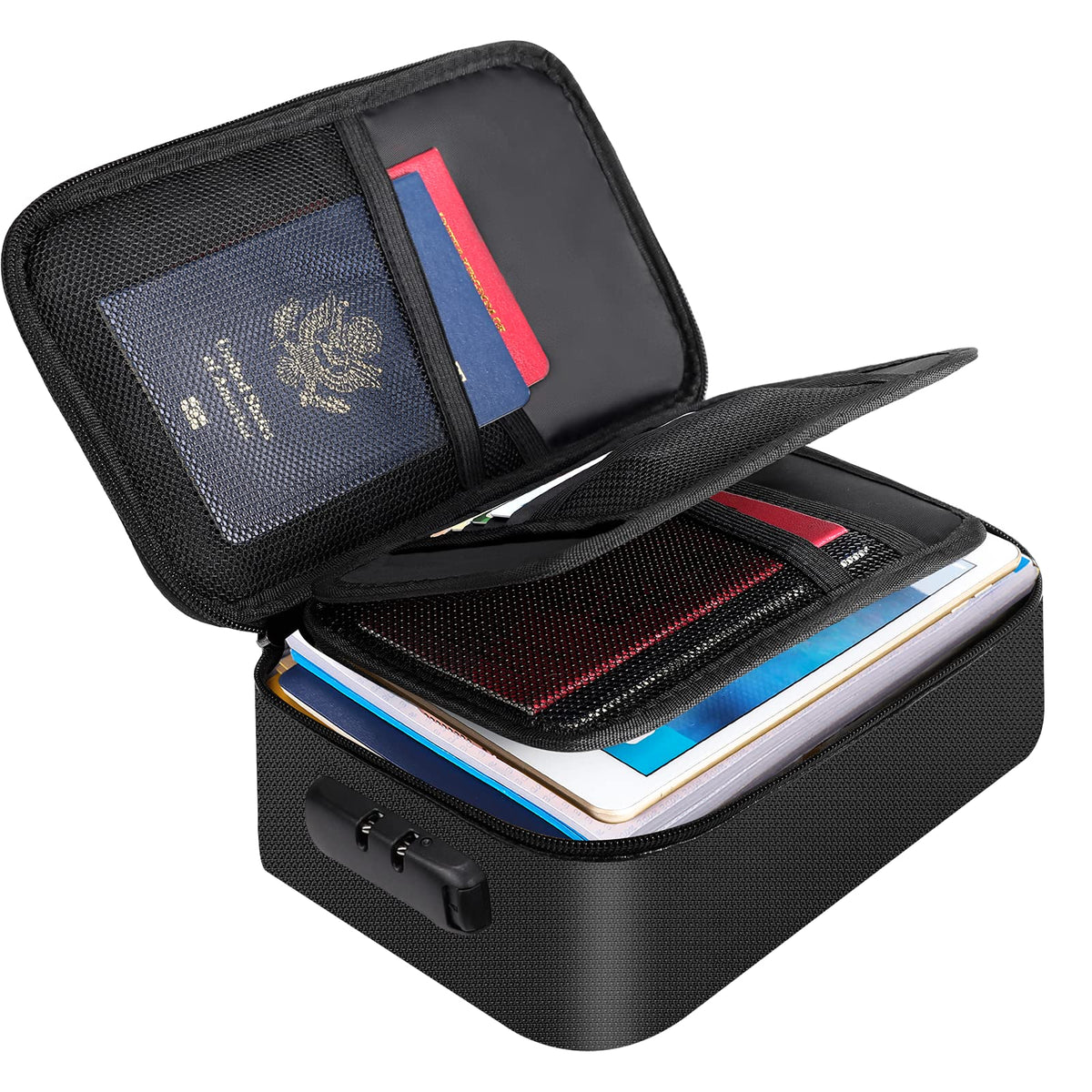 Document Organizer - Storage Bag with Combination Lock - Travel Folder - Documents - Passport Holder - Office Supplies - Security Bag - Water-Repellent - Tablet Storage - Administration - Holiday Accessories - Briefcase - Black - 1 Piece