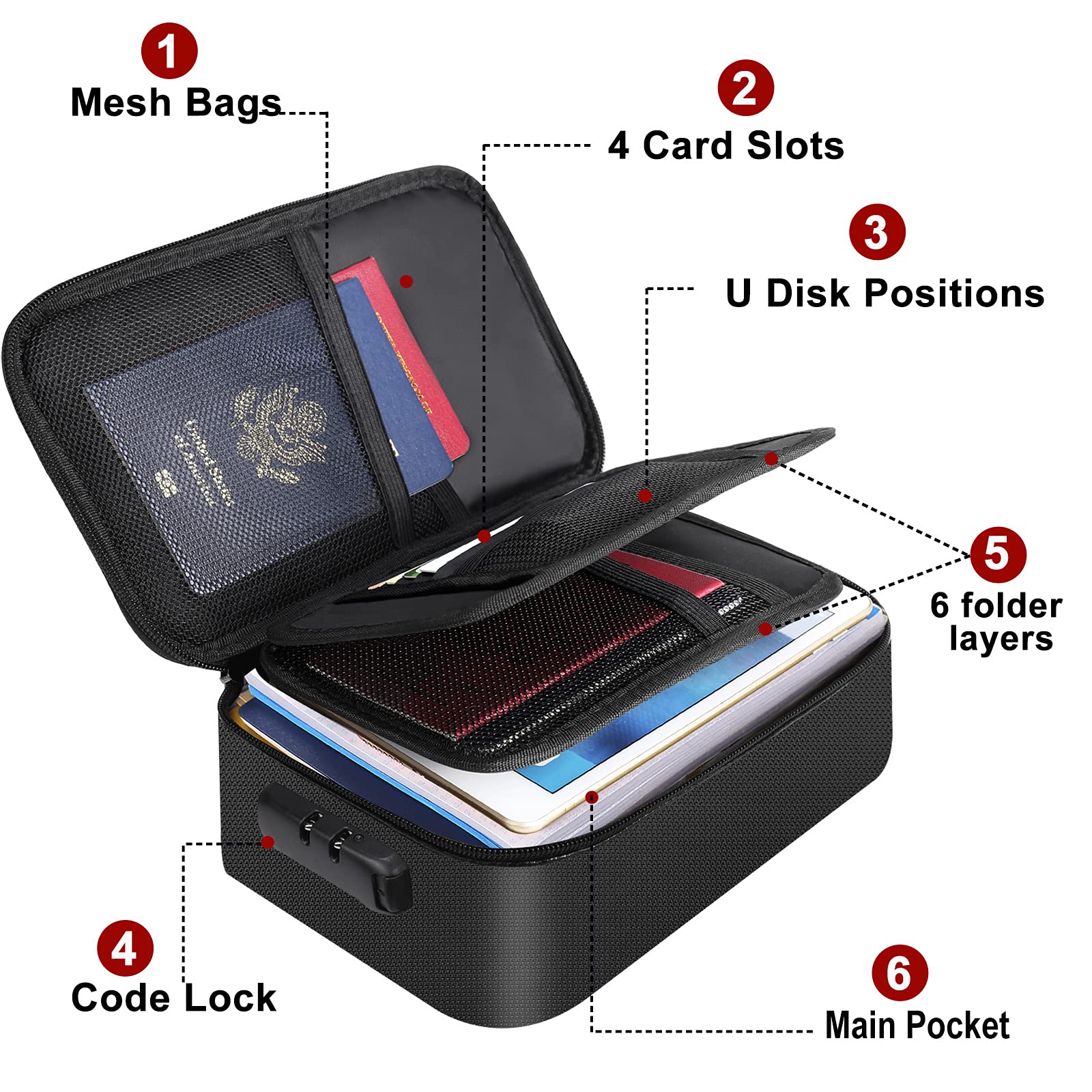 Document Organizer - Storage Bag with Combination Lock - Travel Folder - Documents - Passport Holder - Office Supplies - Security Bag - Water-Repellent - Tablet Storage - Administration - Holiday Accessories - Briefcase - Black - 1 Piece