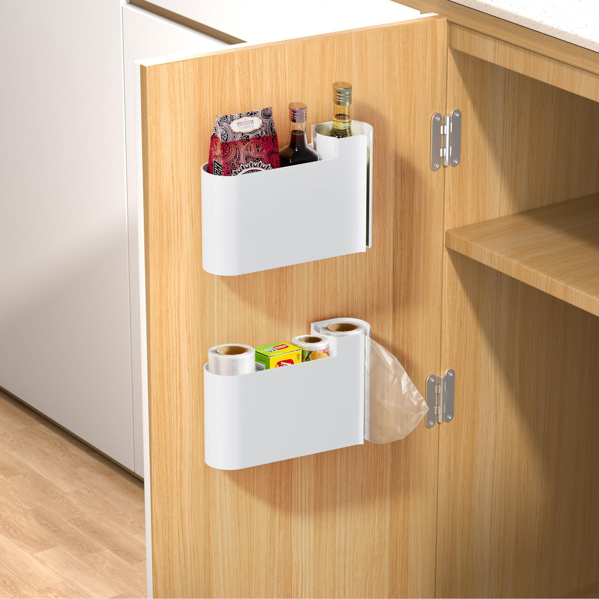 Kitchen Cabinet Organizer - Spice Rack - Door Rack - Kitchen Accessories - Storage Rack - Sink Cabinet Organizer - Garbage Bag Holder - No Drilling - Cabinet Interior - Kitchen Aid - Space Saving - Bathroom Organizer - Adhesive - White - Pack of 2