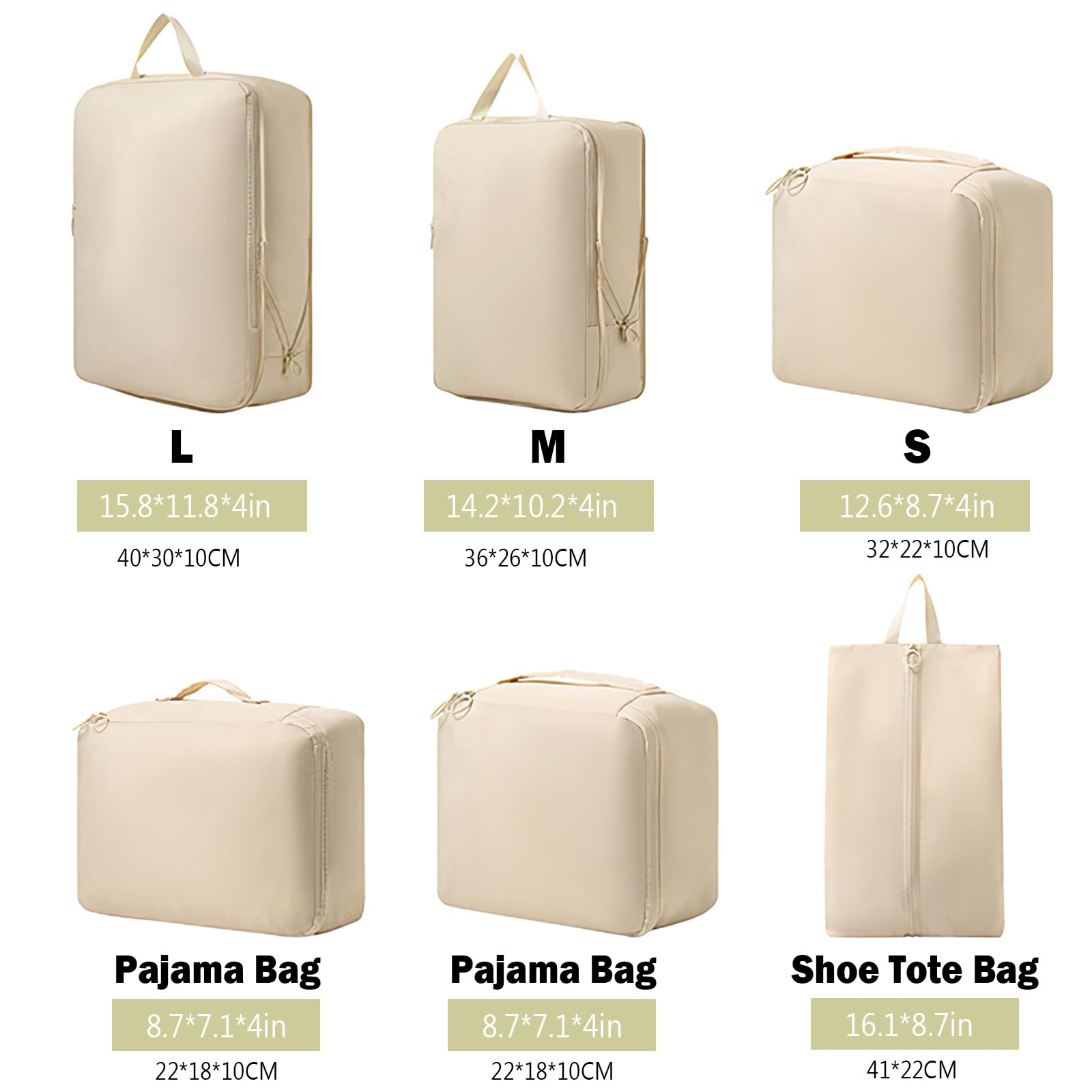 Packing Cubes - Suitcase Organizers - Travel Organizer Set - Luggage Organizer - Clothes Storage - Space Saving - Holiday Accessories - Shoe Bag - Laundry Bag - Backpacking - Travel Bag - Water-Repellent - Beige - 6 Pieces