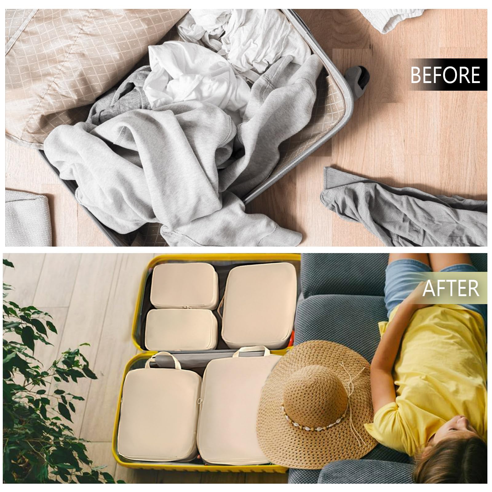 Packing Cubes - Suitcase Organizers - Travel Organizer Set - Luggage Organizer - Clothes Storage - Space Saving - Holiday Accessories - Shoe Bag - Laundry Bag - Backpacking - Travel Bag - Water-Repellent - Beige - 6 Pieces