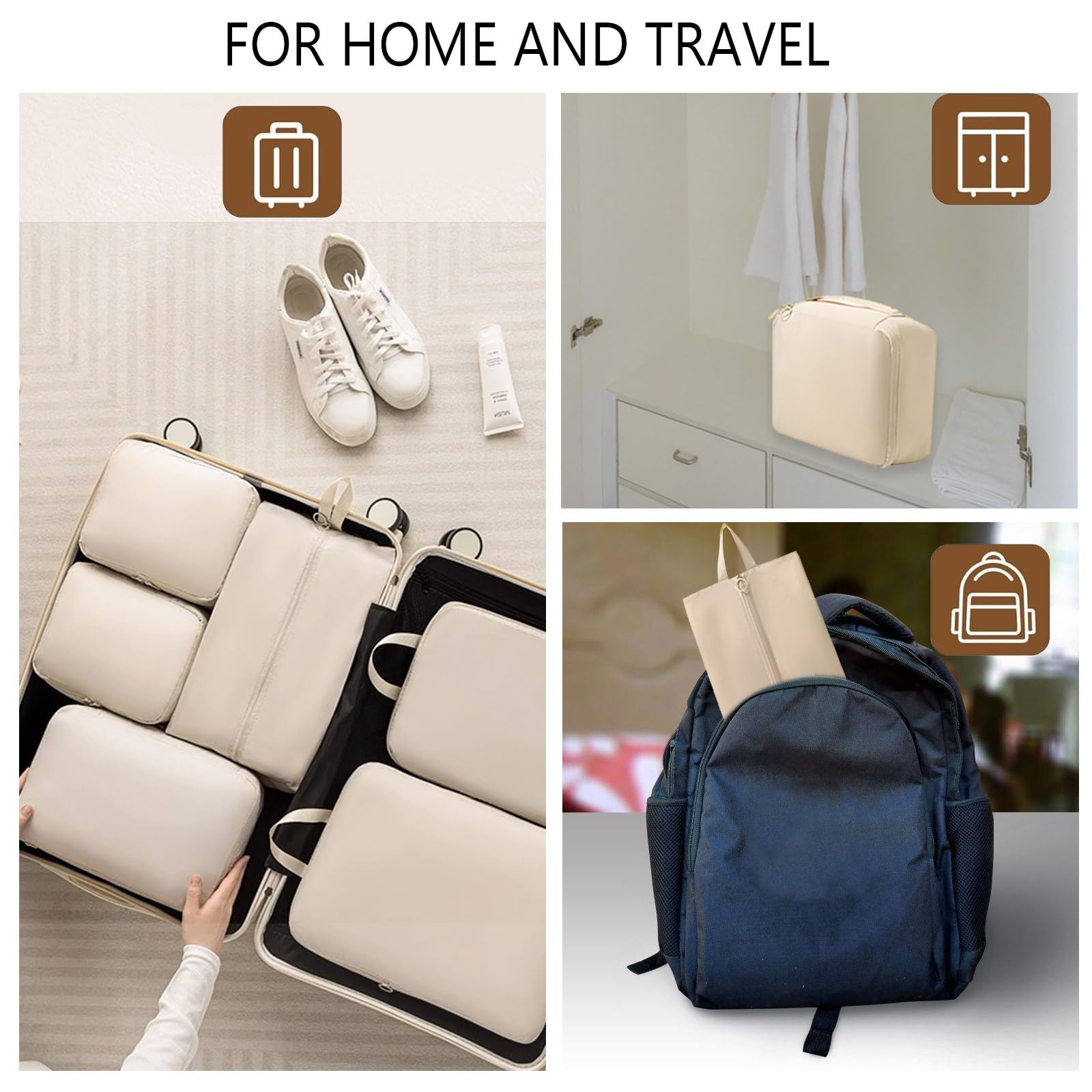 Packing Cubes - Suitcase Organizers - Travel Organizer Set - Luggage Organizer - Clothes Storage - Space Saving - Holiday Accessories - Shoe Bag - Laundry Bag - Backpacking - Travel Bag - Water-Repellent - Beige - 6 Pieces