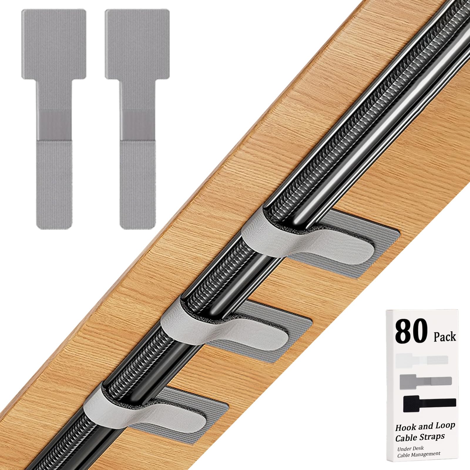 Cable Clips - Cable Management - Cable Organizer - Cable Holder - Self-Adhesive - Velcro - Cable Ties - Cord Clips - Desk Accessories - Cable Management - Cord Holder - Office - Gaming Setup - Cable Tie - Organize - Gray - 80 Pieces