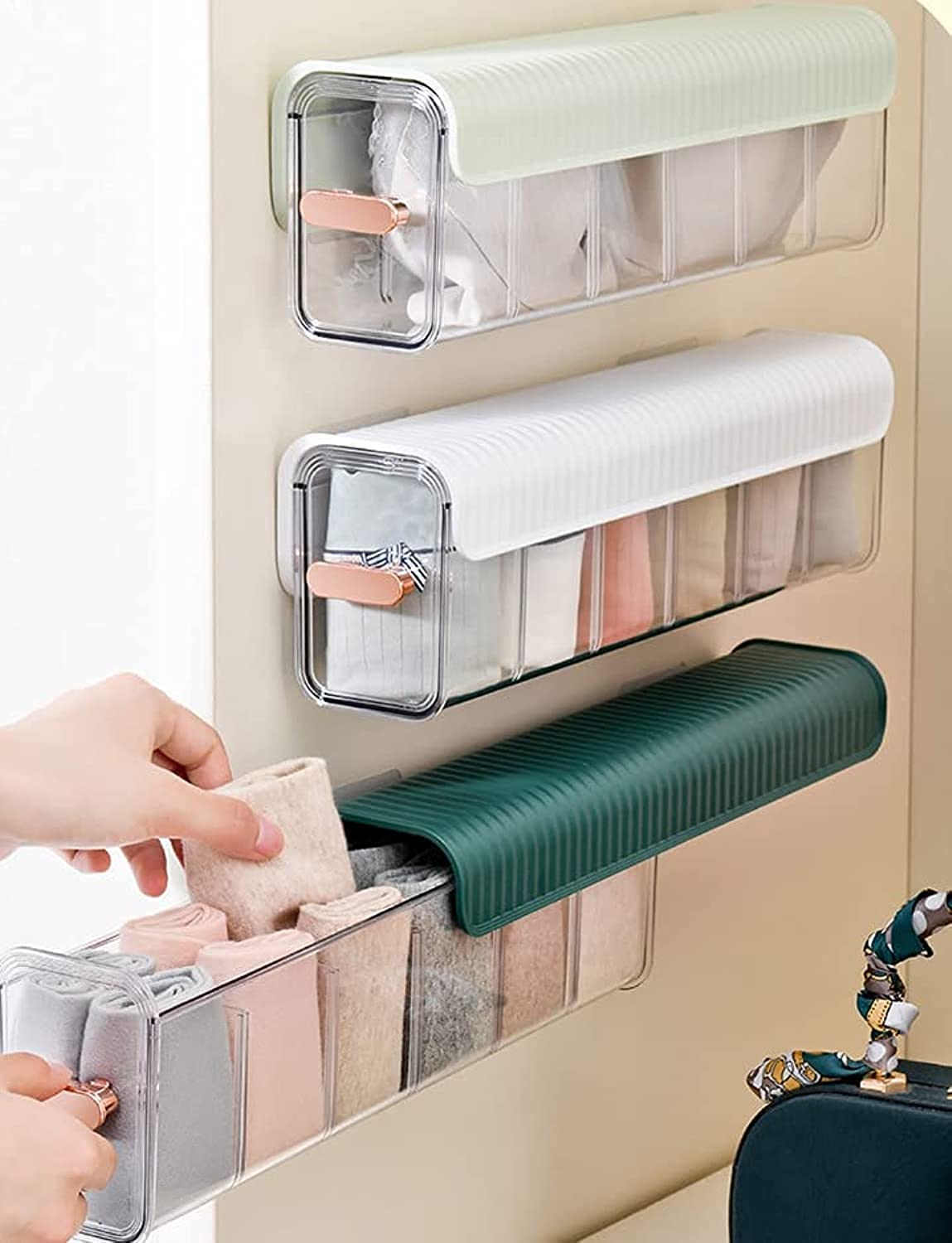 Underwear organizer - Sock organizer - Wardrobe organizer - Wall mounted - No drilling - Storage box with 6 compartments - Lingerie storage - Self-adhesive - Cable organizer - Transparent - Storage system - Space saving - White - 1 piece