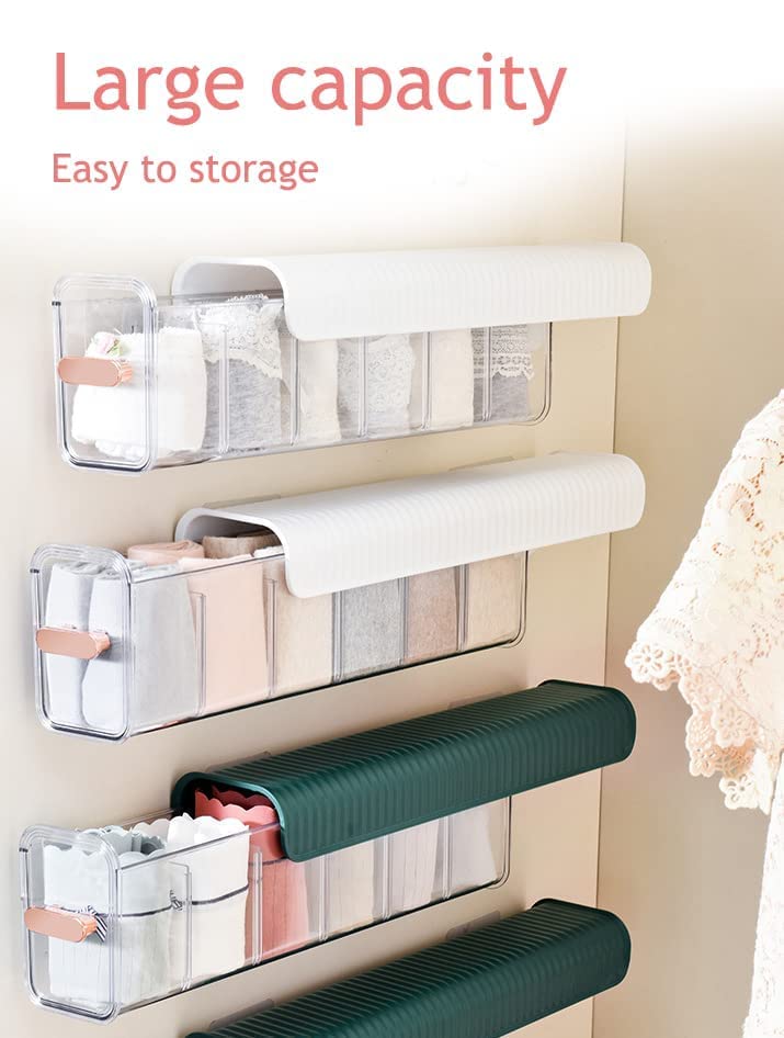 Underwear organizer - Sock organizer - Wardrobe organizer - Wall mounted - No drilling - Storage box with 6 compartments - Lingerie storage - Self-adhesive - Cable organizer - Transparent - Storage system - Space saving - White - 1 piece