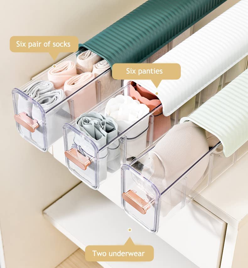 Underwear organizer - Sock organizer - Wardrobe organizer - Wall mounted - No drilling - Storage box with 6 compartments - Lingerie storage - Self-adhesive - Cable organizer - Transparent - Storage system - Space saving - White - 1 piece