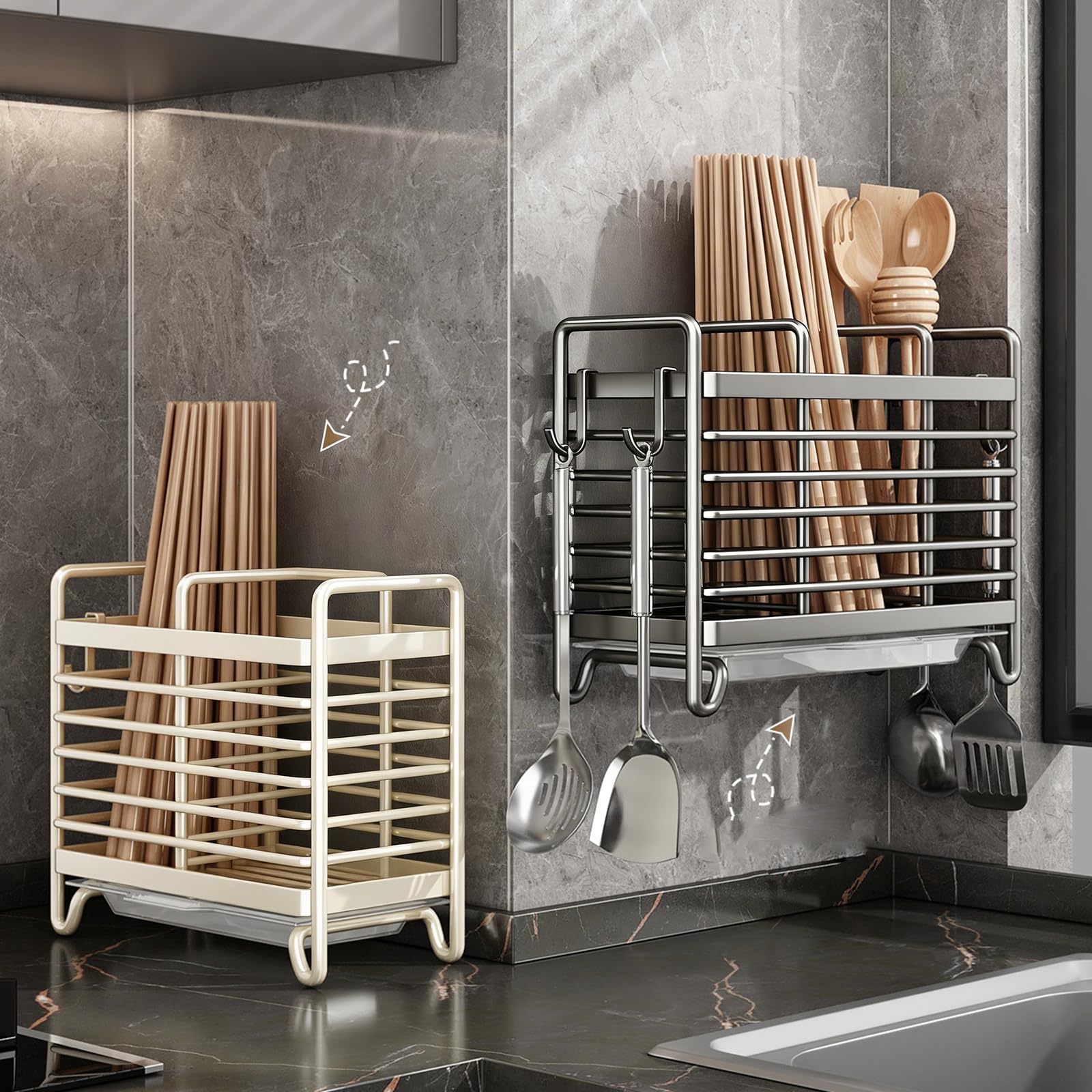 Cutlery Holder - Kitchen Organizer - Cutlery Tray - Countertop Organizer - Utensil Holder - Cutlery Rack - Cutlery Drainer - Spoon Holder - Drying Rack - Kitchen Accessories - With Drip Tray and Hooks - Metal - White - 1 Piece