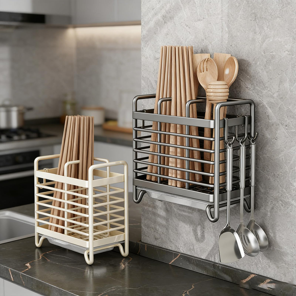 Cutlery Holder - Kitchen Organizer - Cutlery Tray - Countertop Organizer - Utensil Holder - Cutlery Rack - Cutlery Drainer - Spoon Holder - Drying Rack - Kitchen Accessories - With Drip Tray and Hooks - Metal - White - 1 Piece