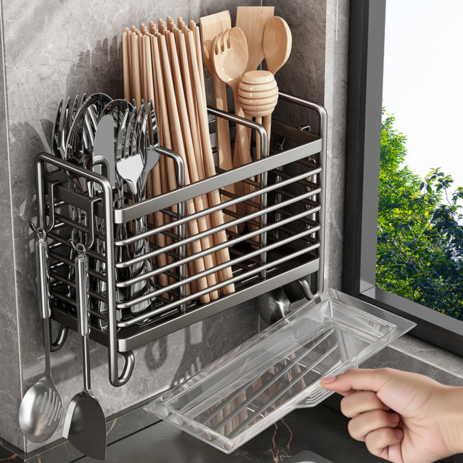 Cutlery Holder - Kitchen Organizer - Cutlery Tray - Countertop Organizer - Utensil Holder - Cutlery Rack - Cutlery Drainer - Spoon Holder - Drying Rack - Kitchen Accessories - With Drip Tray and Hooks - Metal - White - 1 Piece