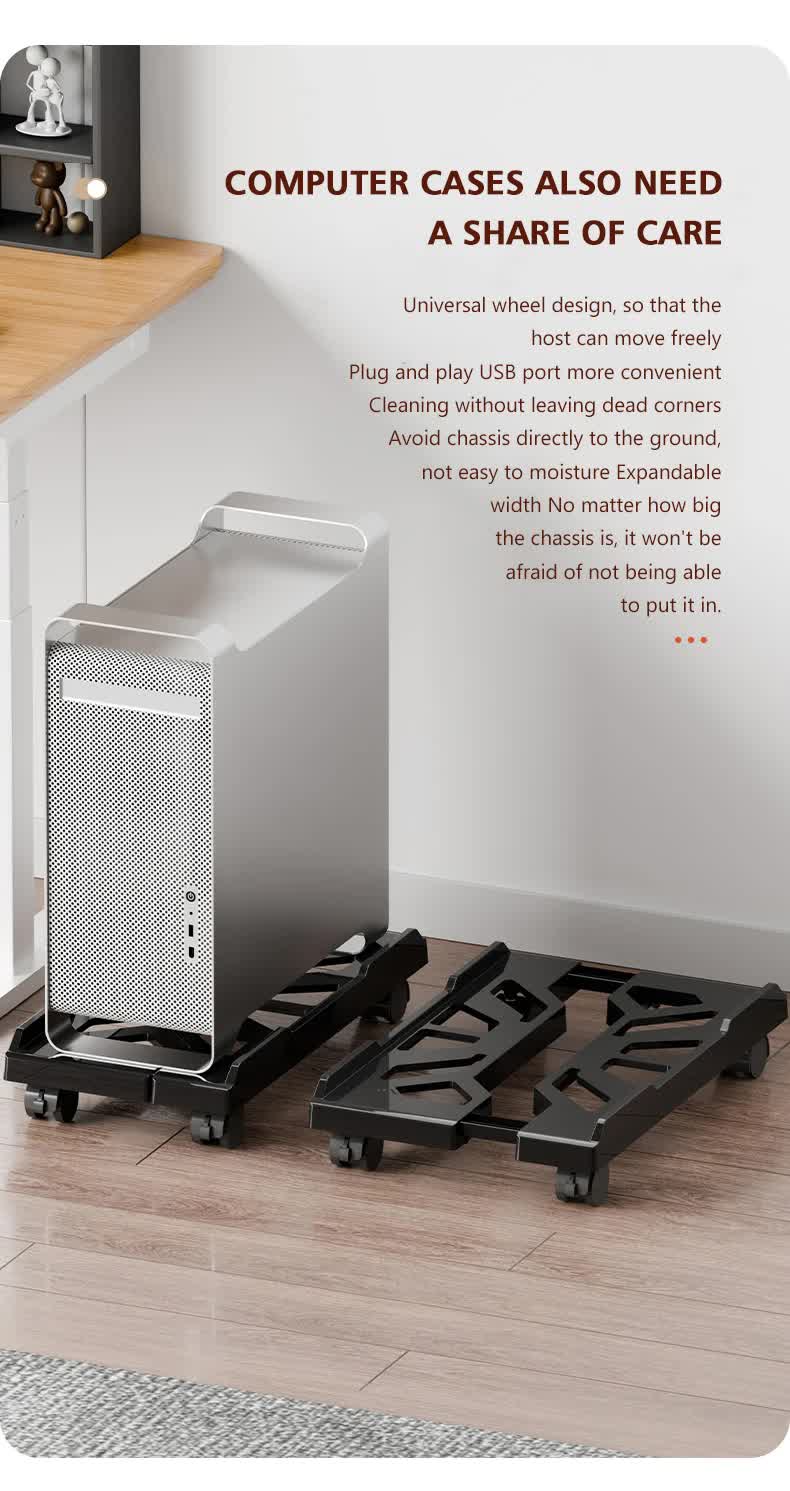 PC Stand with Wheels - Computer Holder - CPU Trolley - Mobile - PC Cart - Desktop Stand - Computer Case Holder - Gaming Setup - Office Supplies - Floor Stand - Computer Accessories - Adjustable Width - Black - 1 Piece