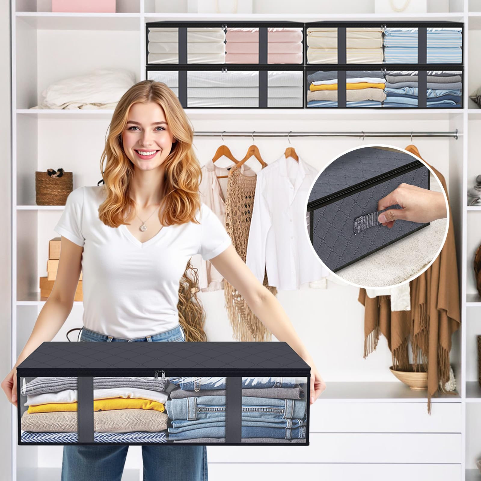 Clothing Storage Bag - Underbed Storage Box - Wardrobe Organizer - Duvet Storage Bag - Large Textile Storage Box - Foldable Storage Bags - Bedding Basket - Clothing Storage - Pillow Bag - Underbed Box Fabric - Storage - Gray - 3 Pieces