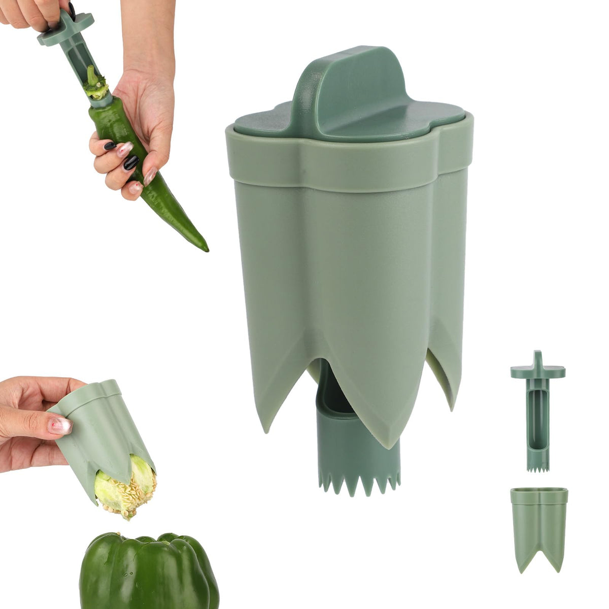 Bell Pepper Pitter - Jalapeño Pepper Drill - Chili Pepper Core Remover - Universal Vegetable Cutter - Kitchen Utensils - Bell Pepper Drill - Seed Remover - Handy Kitchen Aid - Fruit and Vegetable Tool - Kitchen Accessories - Green - 2 Pieces