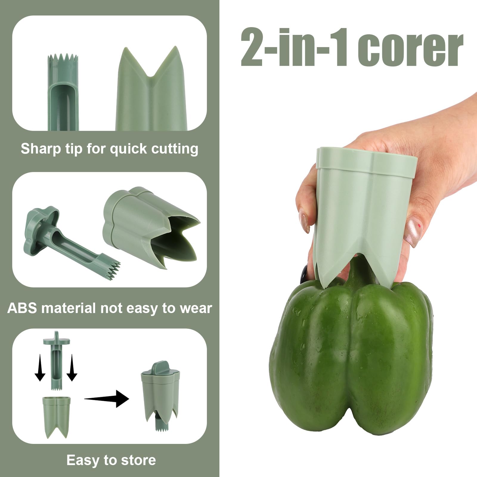 Bell Pepper Pitter - Jalapeño Pepper Drill - Chili Pepper Core Remover - Universal Vegetable Cutter - Kitchen Utensils - Bell Pepper Drill - Seed Remover - Handy Kitchen Aid - Fruit and Vegetable Tool - Kitchen Accessories - Green - 2 Pieces
