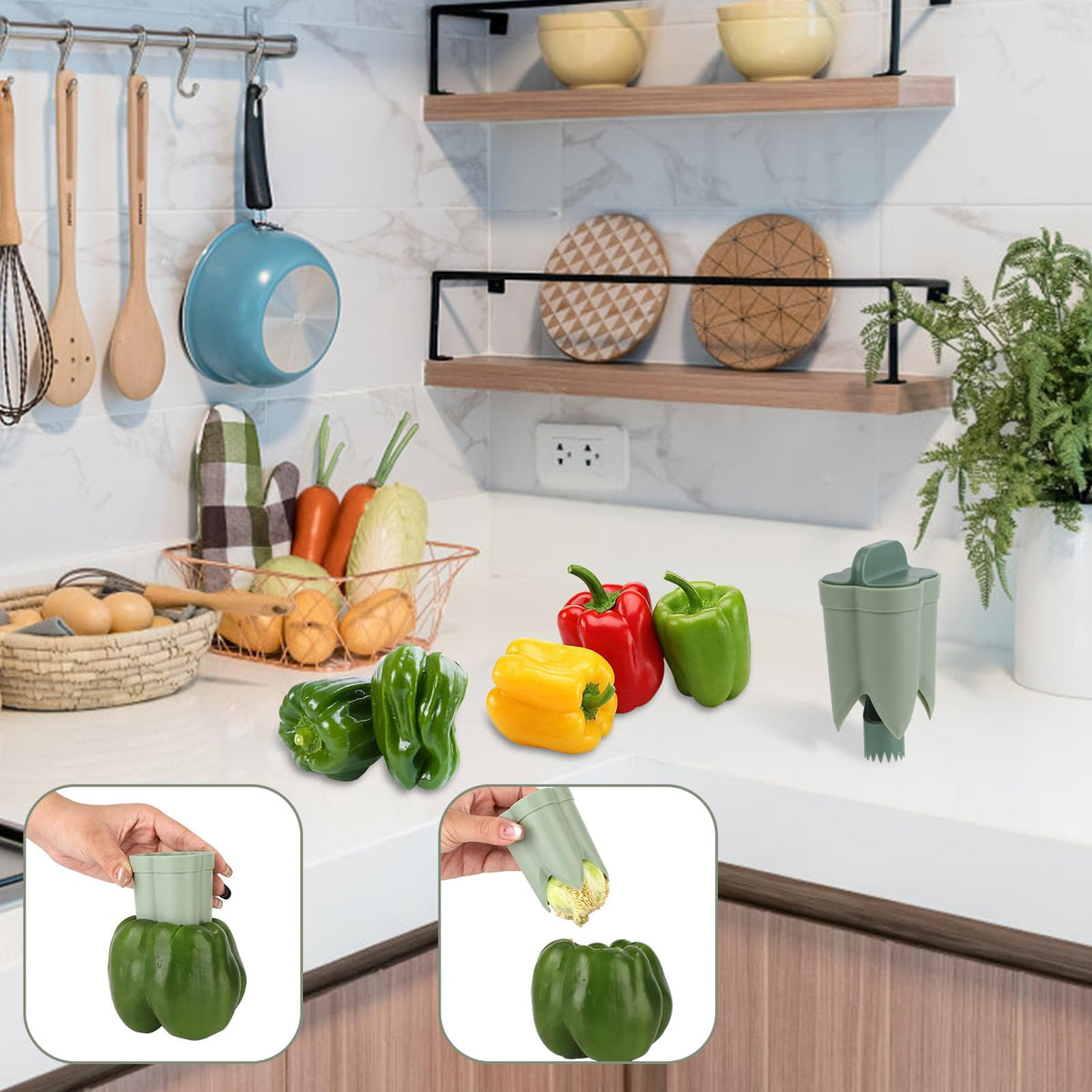 Bell Pepper Pitter - Jalapeño Pepper Drill - Chili Pepper Core Remover - Universal Vegetable Cutter - Kitchen Utensils - Bell Pepper Drill - Seed Remover - Handy Kitchen Aid - Fruit and Vegetable Tool - Kitchen Accessories - Green - 2 Pieces