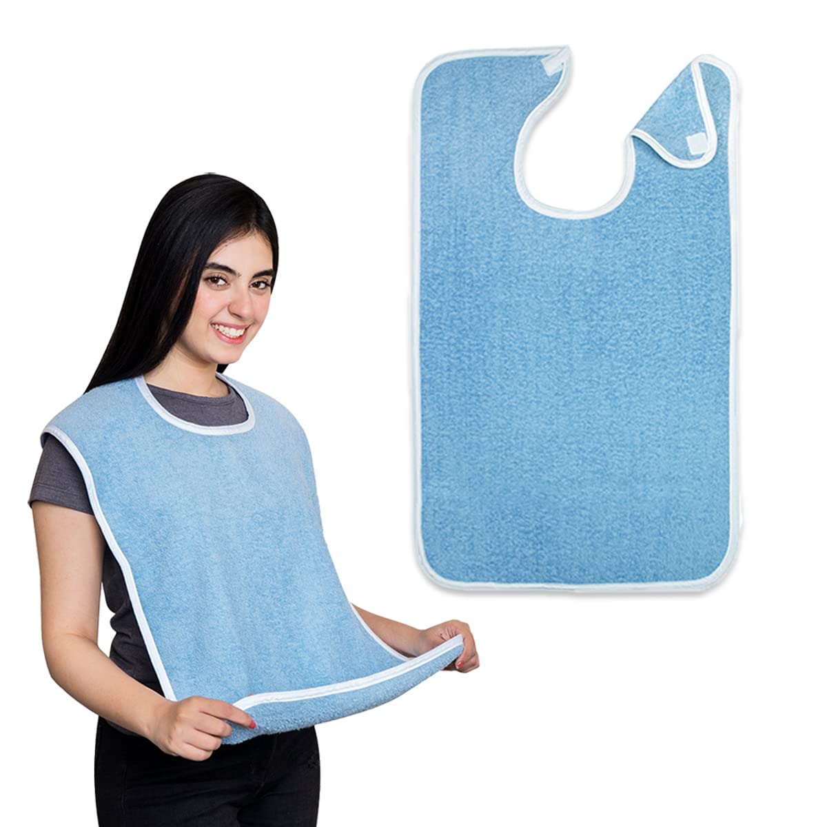 Adult Bib - Clothing Protector - Senior Eating Apron - Large Bib - Terrycloth Eating Bib - Washable Clothing Protector - Eating and Drinking Aids - Waterproof Lining - Neck Closure - Reusable - Blue - Pack of 2