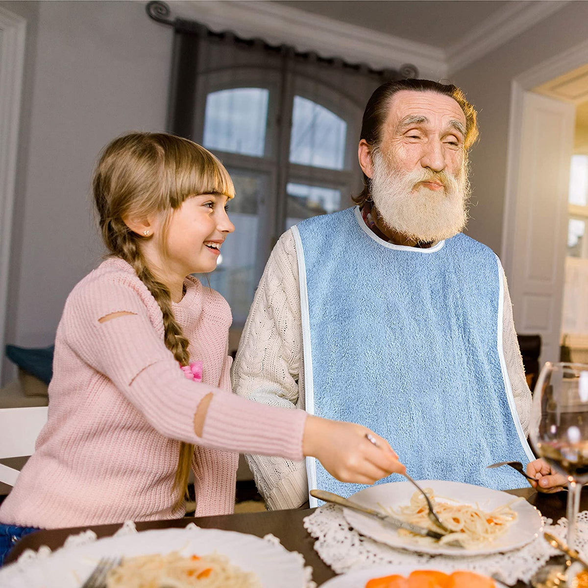 Adult Bib - Clothing Protector - Senior Eating Apron - Large Bib - Terrycloth Eating Bib - Washable Clothing Protector - Eating and Drinking Aids - Waterproof Lining - Neck Closure - Reusable - Blue - Pack of 2