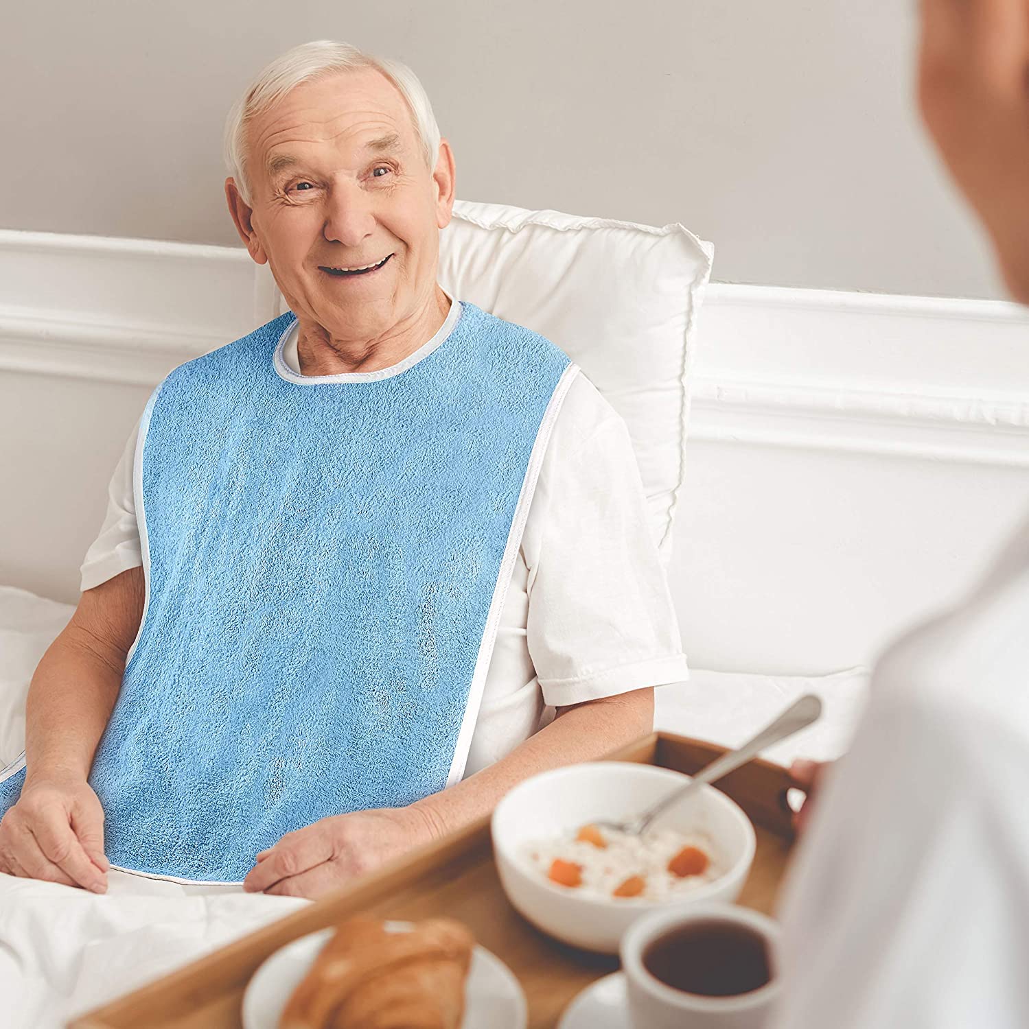 Adult Bib - Clothing Protector - Senior Eating Apron - Large Bib - Terrycloth Eating Bib - Washable Clothing Protector - Eating and Drinking Aids - Waterproof Lining - Neck Closure - Reusable - Blue - Pack of 2