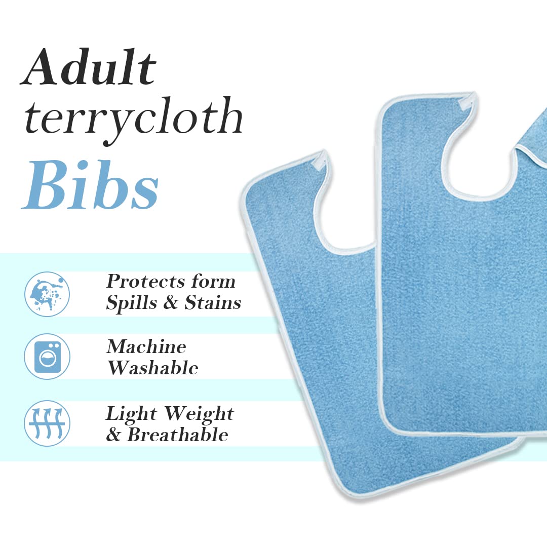 Adult Bib - Clothing Protector - Senior Eating Apron - Large Bib - Terrycloth Eating Bib - Washable Clothing Protector - Eating and Drinking Aids - Waterproof Lining - Neck Closure - Reusable - Blue - Pack of 2