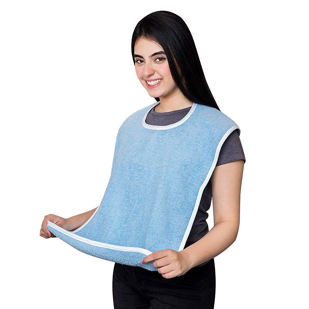 Adult Bib - Clothing Protector - Senior Eating Apron - Large Bib - Terrycloth Eating Bib - Washable Clothing Protector - Eating and Drinking Aids - Waterproof Lining - Neck Closure - Reusable - Blue - Pack of 2