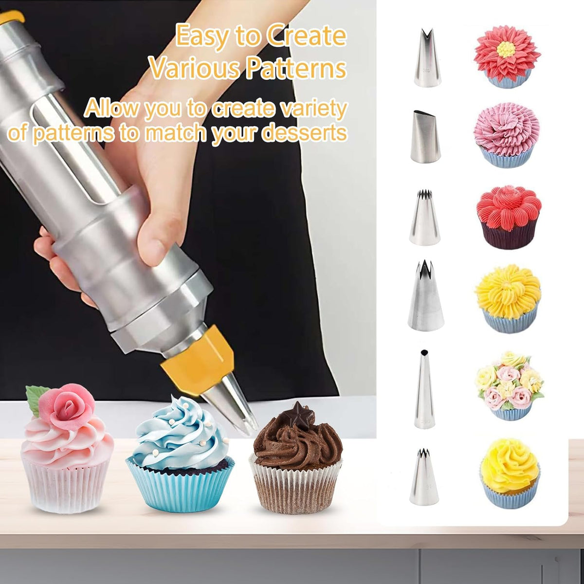 Whipped Cream Maker - Garnishing Syringe - Nozzle Set - Cake Decorating - Stainless Steel Nozzles - Cookie Press - Cupcake Decorating - Baking Tools - Professional Piping Bag Alternative - Kitchen Utensils - Baking Supplies - Silver - 1 Piece