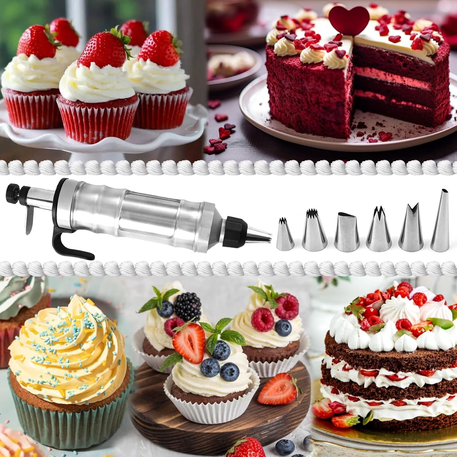 Whipped Cream Maker - Garnishing Syringe - Nozzle Set - Cake Decorating - Stainless Steel Nozzles - Cookie Press - Cupcake Decorating - Baking Tools - Professional Piping Bag Alternative - Kitchen Utensils - Baking Supplies - Silver - 1 Piece
