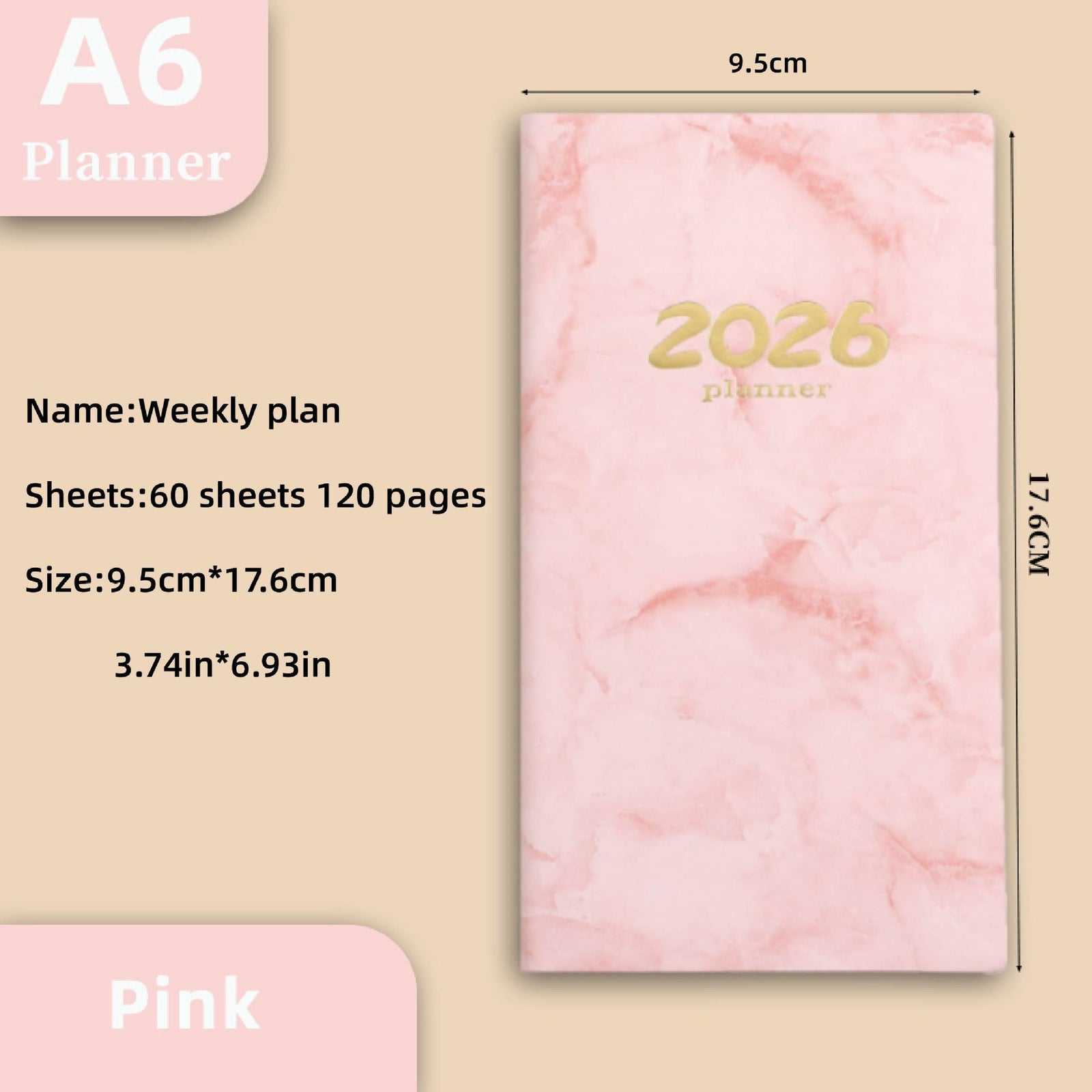 Pocket diary 2026 - A6 diary - Weekly planner - Yearly planner - Organizer - Planner book - 2026 diary for women - School diary - Weekly diary - Compact diary - Diary - Planning tool - Small diary - Marble design - Pink - 1 piece