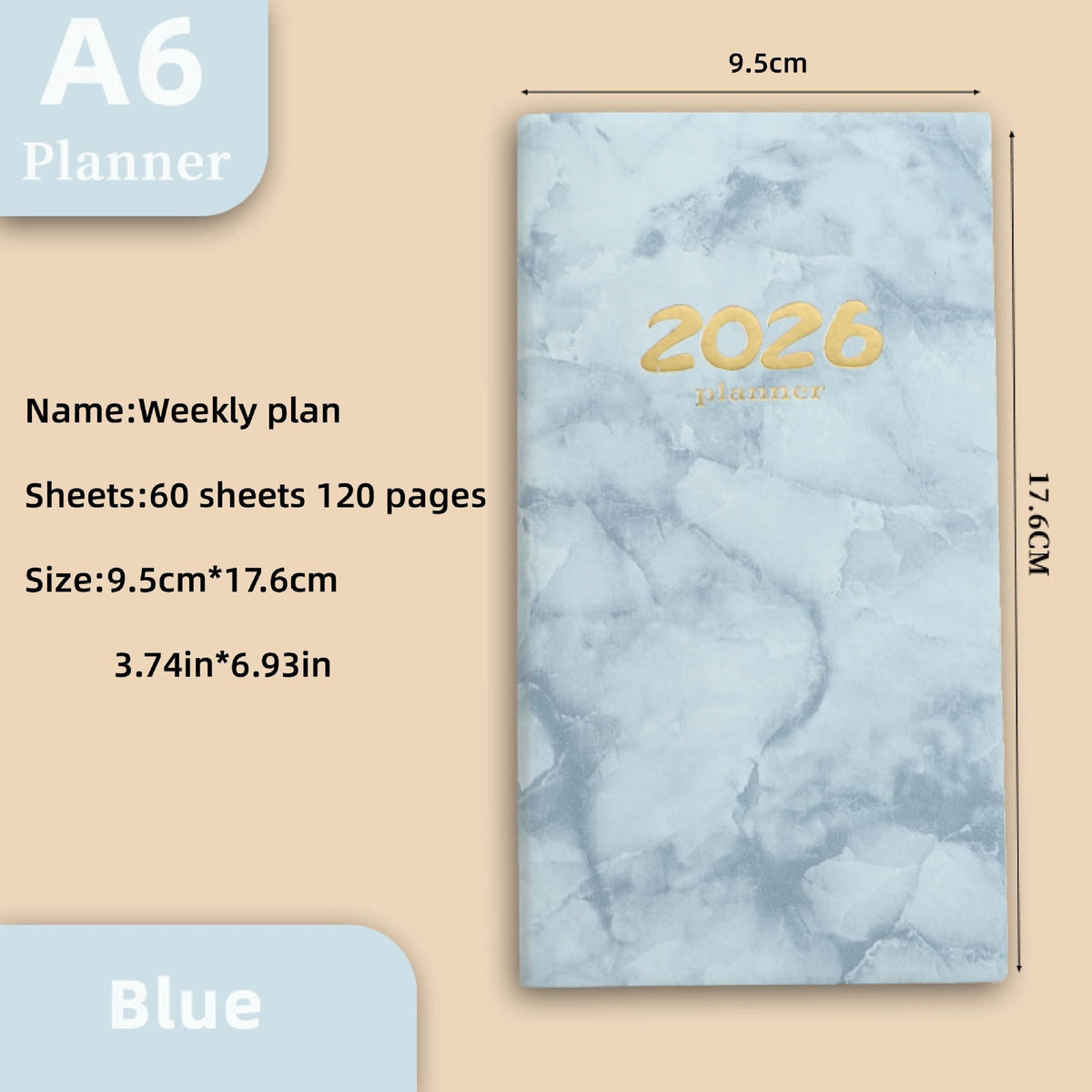 Pocket diary 2026 - A6 diary - Weekly planner - Yearly planner - Organizer - Planner book - 2026 diary for women - School diary - Weekly diary - Compact diary - Diary - Planning tool - Small diary - Marble design - Blue - 1 piece