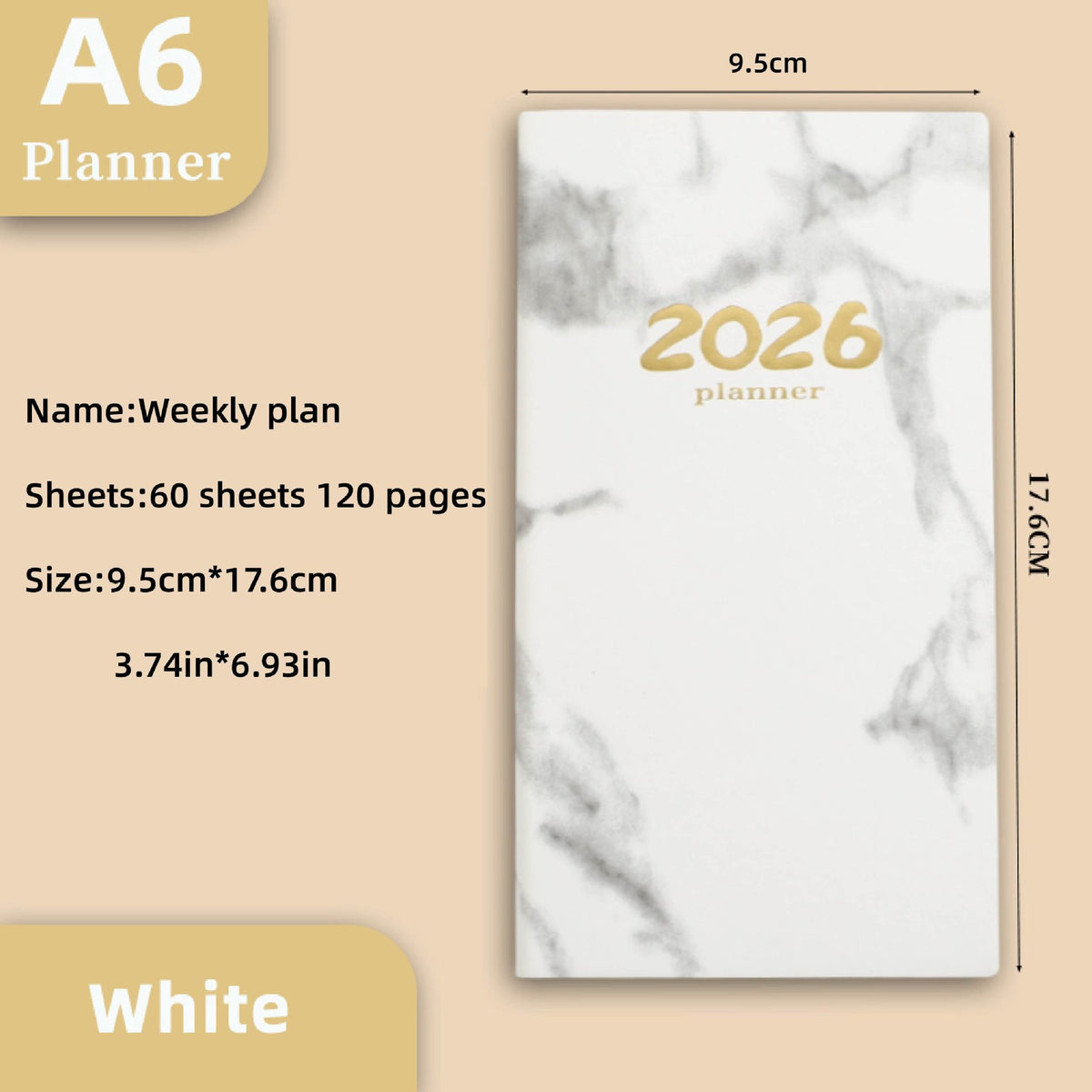 Pocket diary 2026 - A6 diary - Weekly planner - Yearly planner - Organizer - Planner book - 2026 diary for women - School diary - Weekly diary - Compact diary - Diary - Planning tool - Small diary - Marble design - White - 1 piece