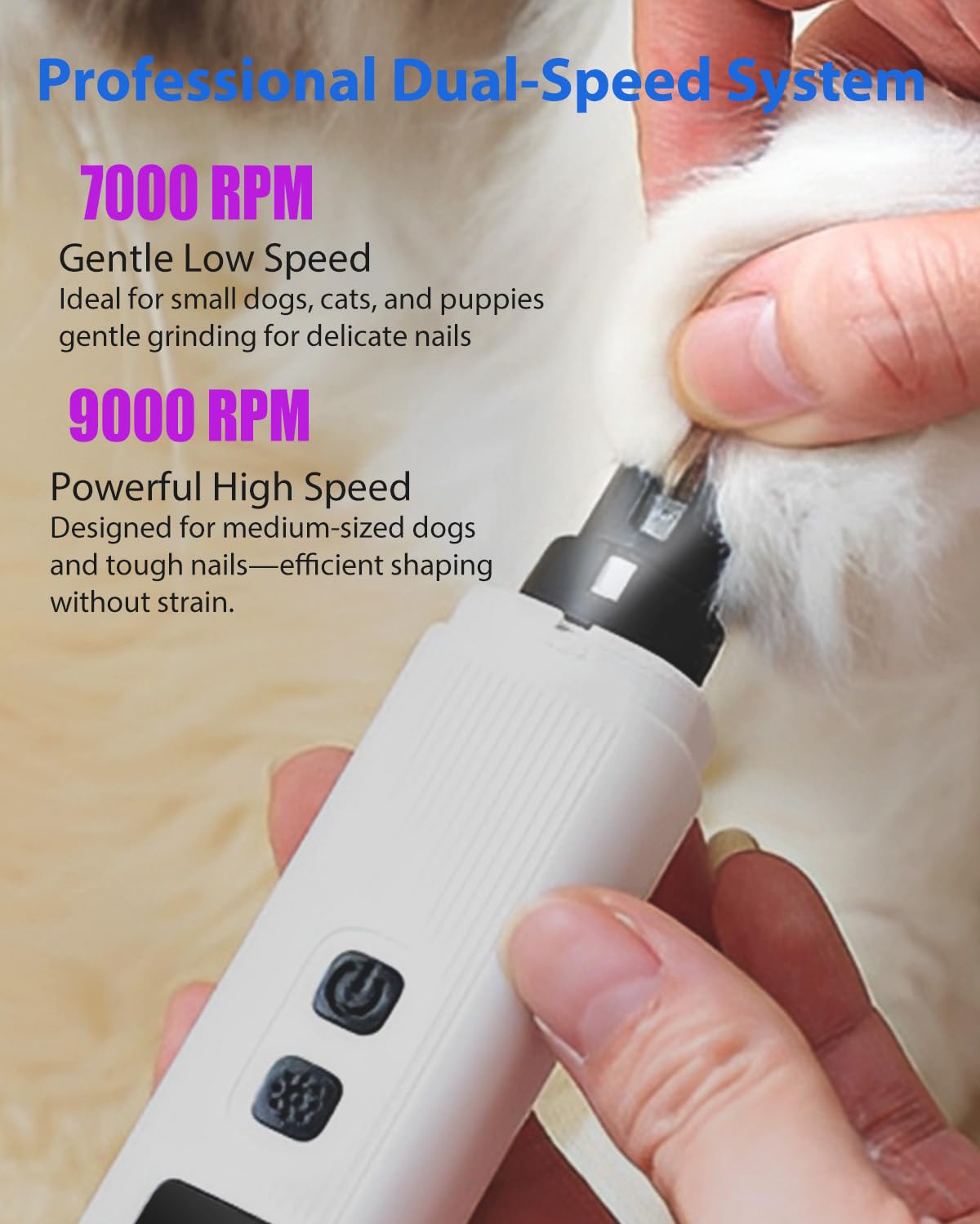 Dog Nail Drill - Electric Nail File - Cat Nail Trimmer - Pet Care - Paw Care - Nail Grinder - Dog Groomer - Animal Nail File - Cordless Design - Rechargeable Battery - With LED Lighting - Silent Motor - White - 1 Piece