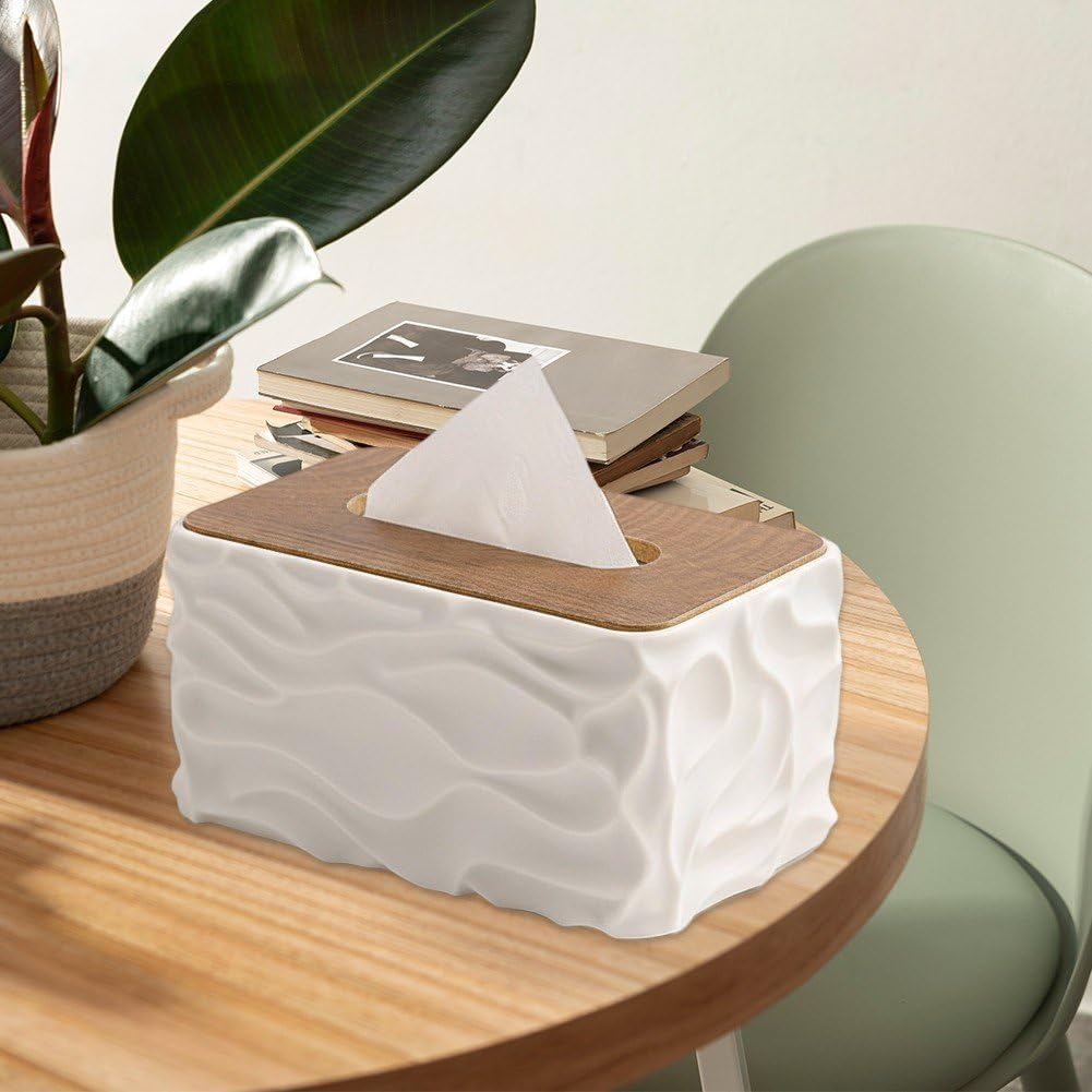 Tissue Box - Tissue Box - Handkerchief Box - Tissue Holder - Napkin Holder - Baby Wipes Box - Tissue Dispenser - Storage Box - Bathroom Accessories - Desk Organizer - Living Room Decoration - Bedroom Interior - Modern Design - White with Wood - 1 Piece