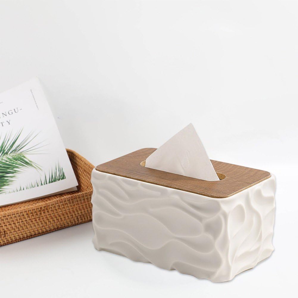 Tissue Box - Tissue Box - Handkerchief Box - Tissue Holder - Napkin Holder - Baby Wipes Box - Tissue Dispenser - Storage Box - Bathroom Accessories - Desk Organizer - Living Room Decoration - Bedroom Interior - Modern Design - White with Wood - 1 Piece