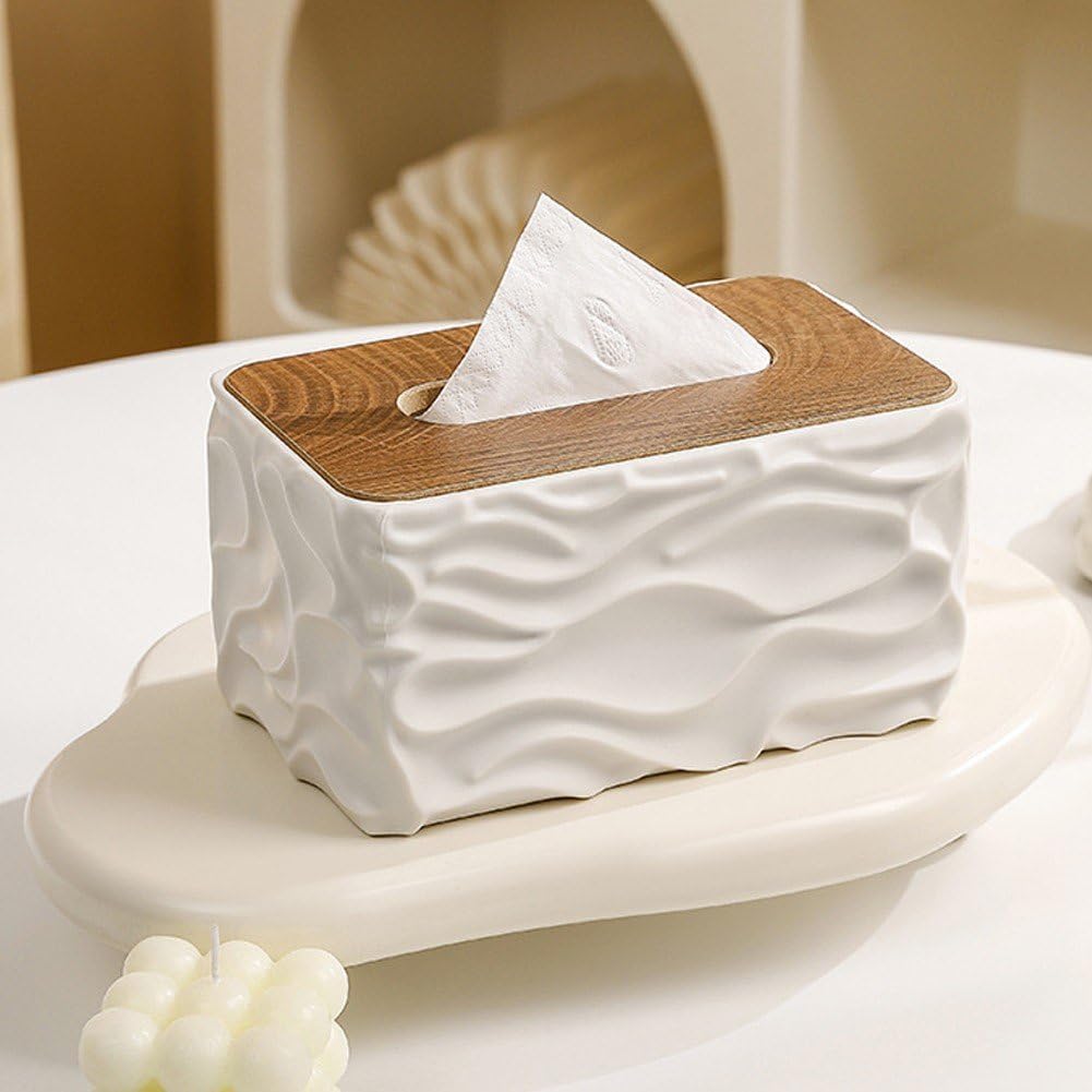 Tissue Box - Tissue Box - Handkerchief Box - Tissue Holder - Napkin Holder - Baby Wipes Box - Tissue Dispenser - Storage Box - Bathroom Accessories - Desk Organizer - Living Room Decoration - Bedroom Interior - Modern Design - White with Wood - 1 Piece