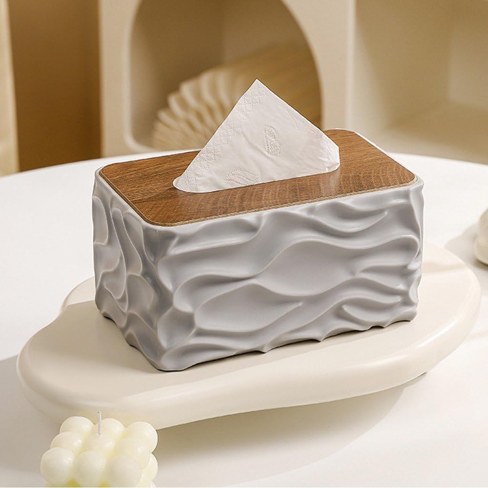 Tissue Box - Tissue Box - Handkerchief Box - Tissue Holder - Napkin Holder - Baby Wipes Box - Tissue Dispenser - Storage Box - Bathroom Accessories - Desk Organizer - Living Room Decoration - Bedroom Interior - Modern Design - Gray with Wood - 1 Piece
