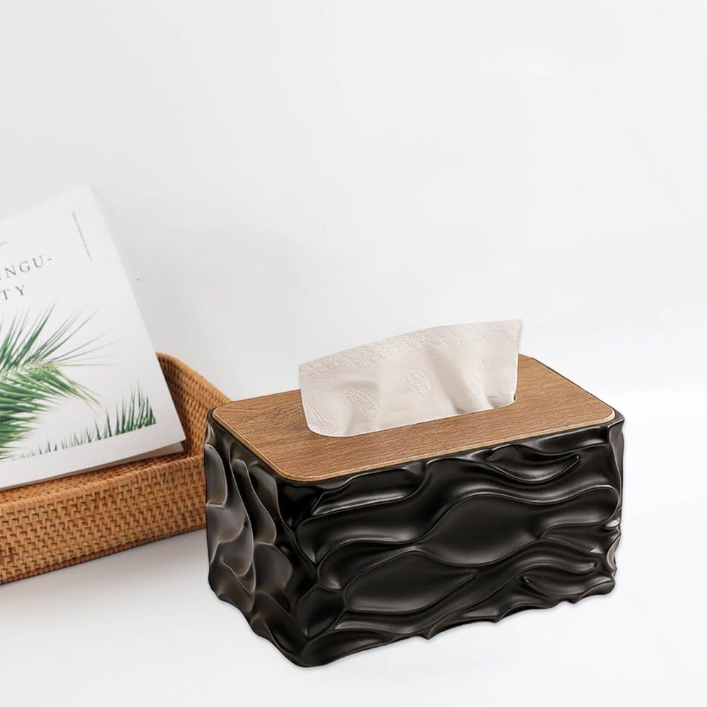 Tissue Box - Tissue Box - Handkerchief Box - Tissue Holder - Napkin Holder - Baby Wipes Box - Tissue Dispenser - Storage Box - Bathroom Accessories - Desk Organizer - Living Room Decoration - Bedroom Interior - Modern Design - Black with Wood - 1 Piece