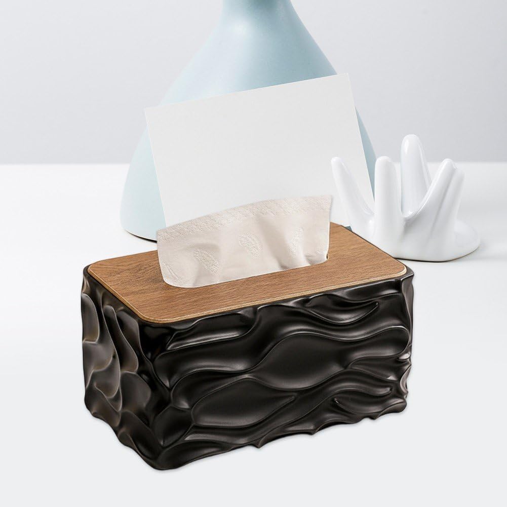 Tissue Box - Tissue Box - Handkerchief Box - Tissue Holder - Napkin Holder - Baby Wipes Box - Tissue Dispenser - Storage Box - Bathroom Accessories - Desk Organizer - Living Room Decoration - Bedroom Interior - Modern Design - Black with Wood - 1 Piece