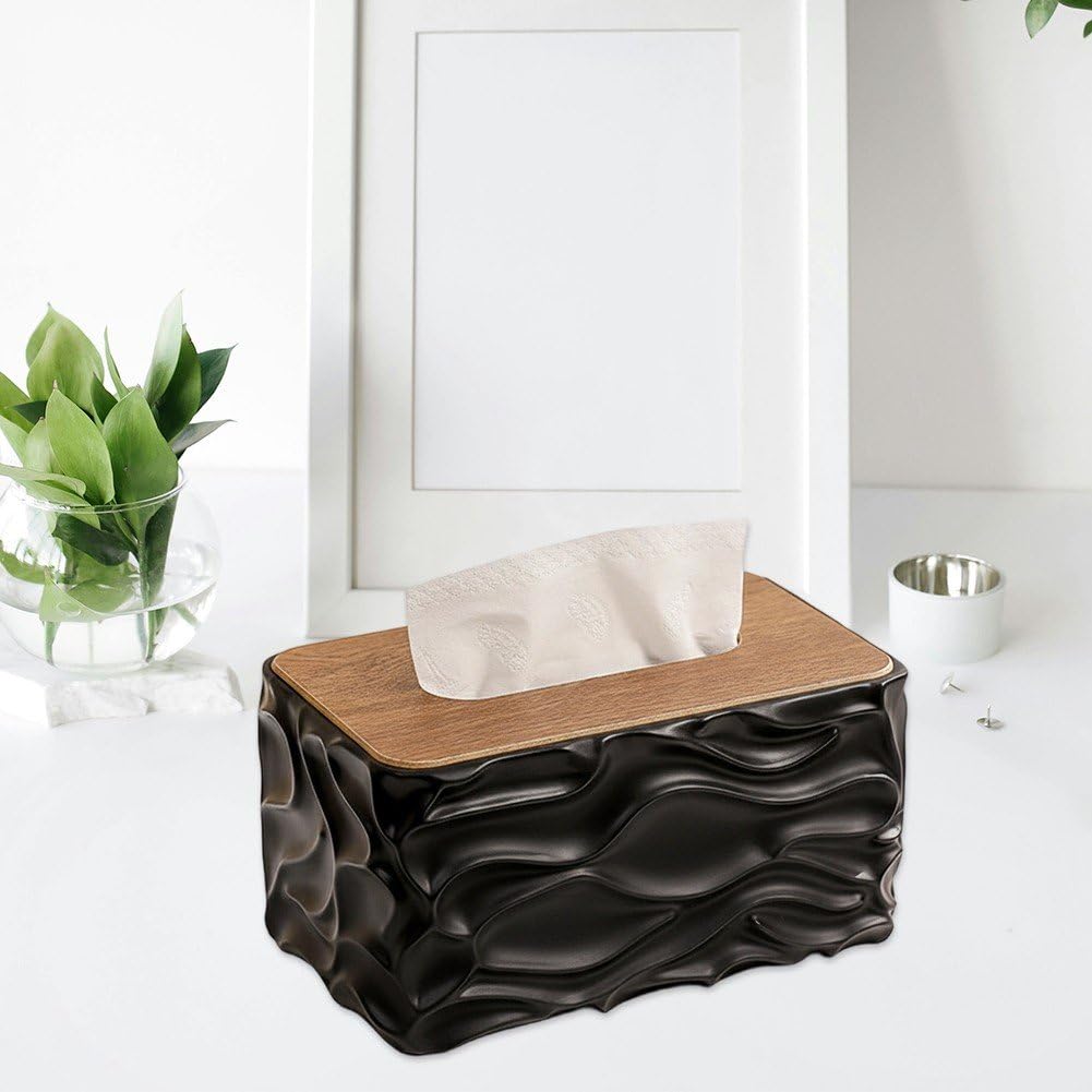 Tissue Box - Tissue Box - Handkerchief Box - Tissue Holder - Napkin Holder - Baby Wipes Box - Tissue Dispenser - Storage Box - Bathroom Accessories - Desk Organizer - Living Room Decoration - Bedroom Interior - Modern Design - Black with Wood - 1 Piece