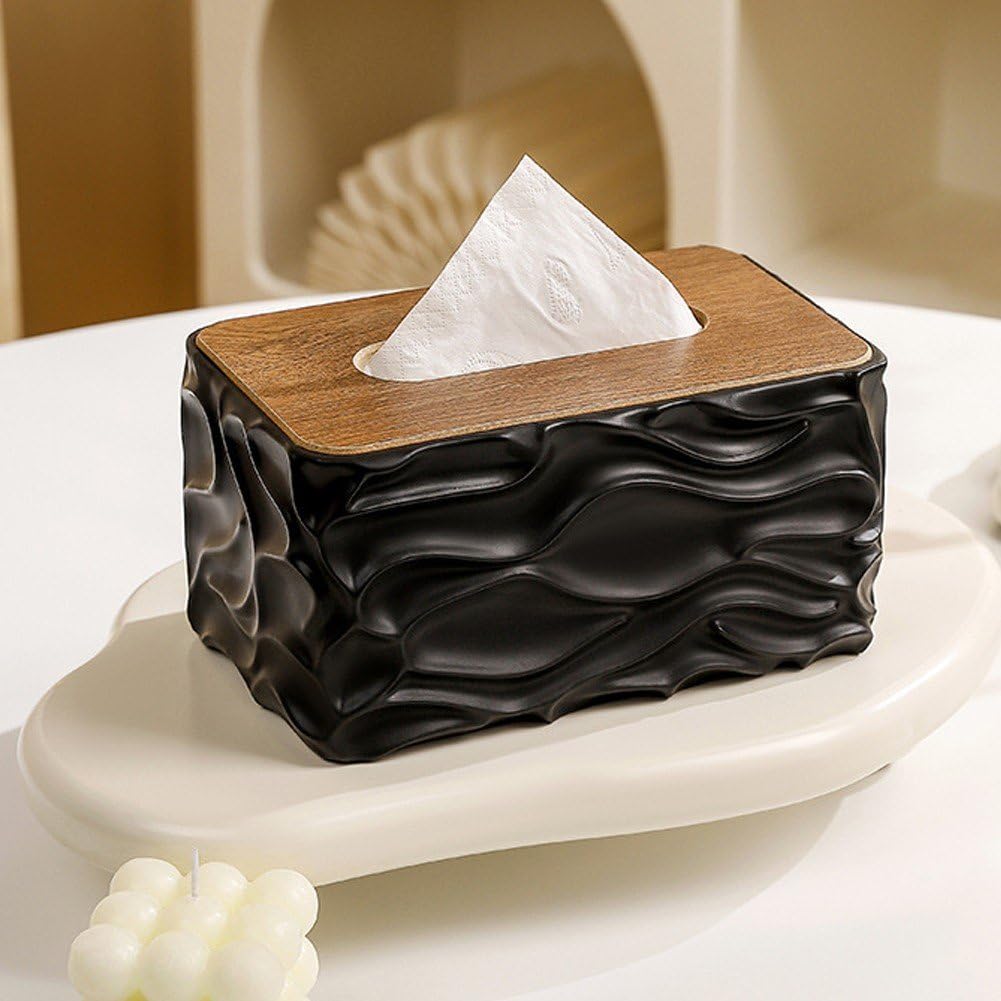 Tissue Box - Tissue Box - Handkerchief Box - Tissue Holder - Napkin Holder - Baby Wipes Box - Tissue Dispenser - Storage Box - Bathroom Accessories - Desk Organizer - Living Room Decoration - Bedroom Interior - Modern Design - Black with Wood - 1 Piece