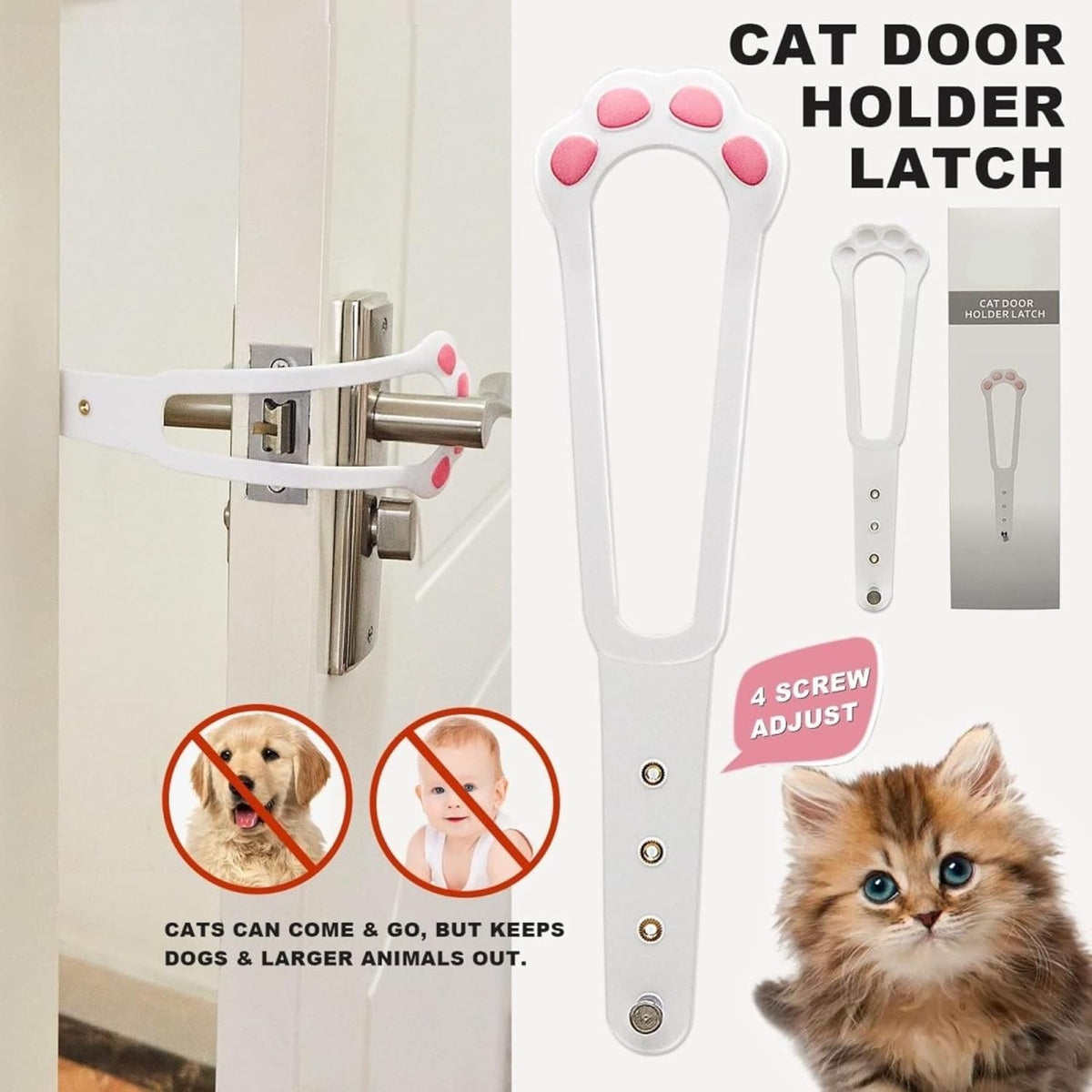 Door Stopper - Door Holder - Door Holder - Dog Barrier - Cat Flap Alternative - Door Stop - Door Catch - Door Hook - Ventilation - Pet Accessories - Door Security - Adjustable - Cat Paw - White - 2 pieces