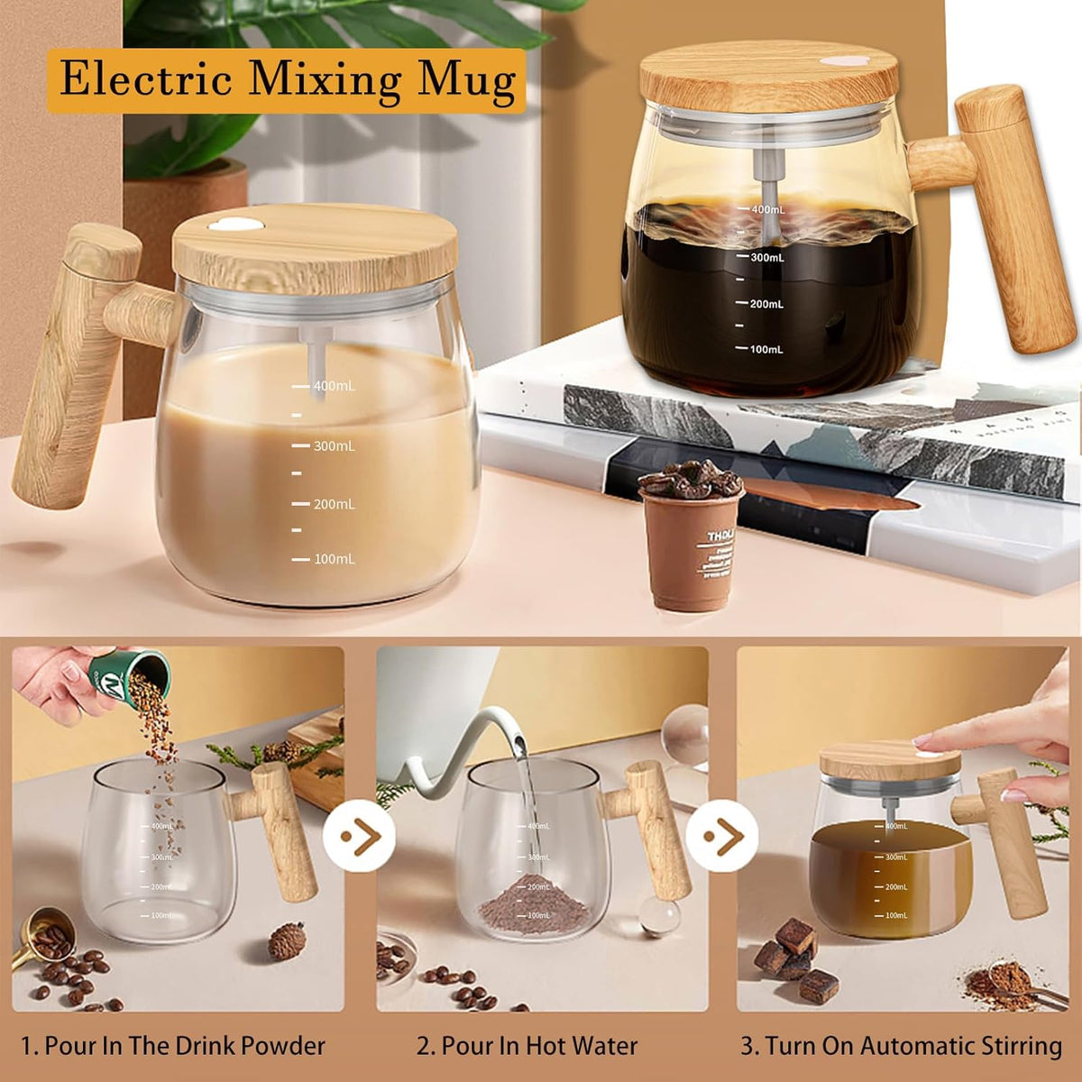 Self-Stirring Mug - Coffee Mug - Mixing Cup - Electric Mixing Cup - Automatic Stirring Cup - Milk Frother - Drink Mixer - Magnetic Cup - Shaker - Kitchen Gadgets - Coffee Accessories - Glass - Wood Design - Brown - 1 piece