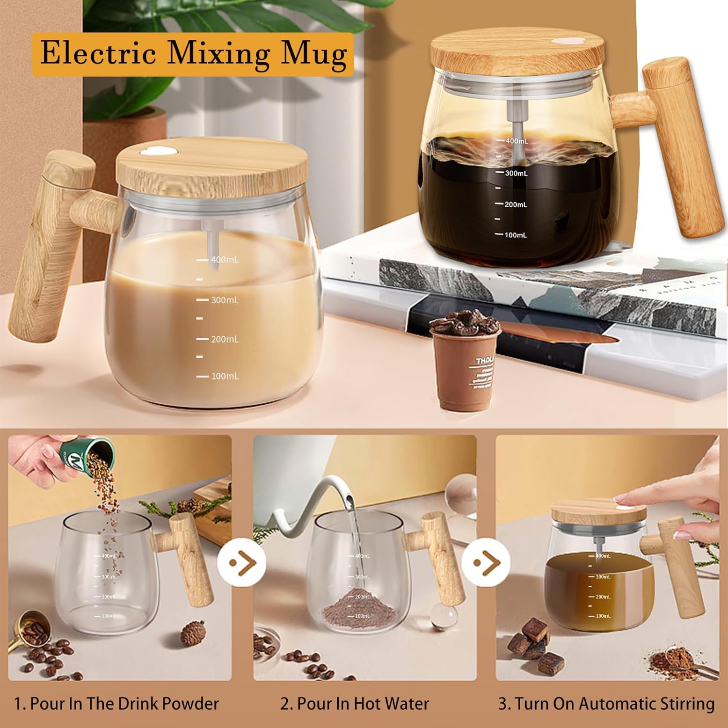 Self-Stirring Mug - Coffee Mug - Mixing Cup - Electric Mixing Cup - Automatic Stirring Cup - Milk Frother - Drink Mixer - Magnetic Cup - Shaker - Kitchen Gadgets - Coffee Accessories - Glass - Wood Design - Brown - 1 piece
