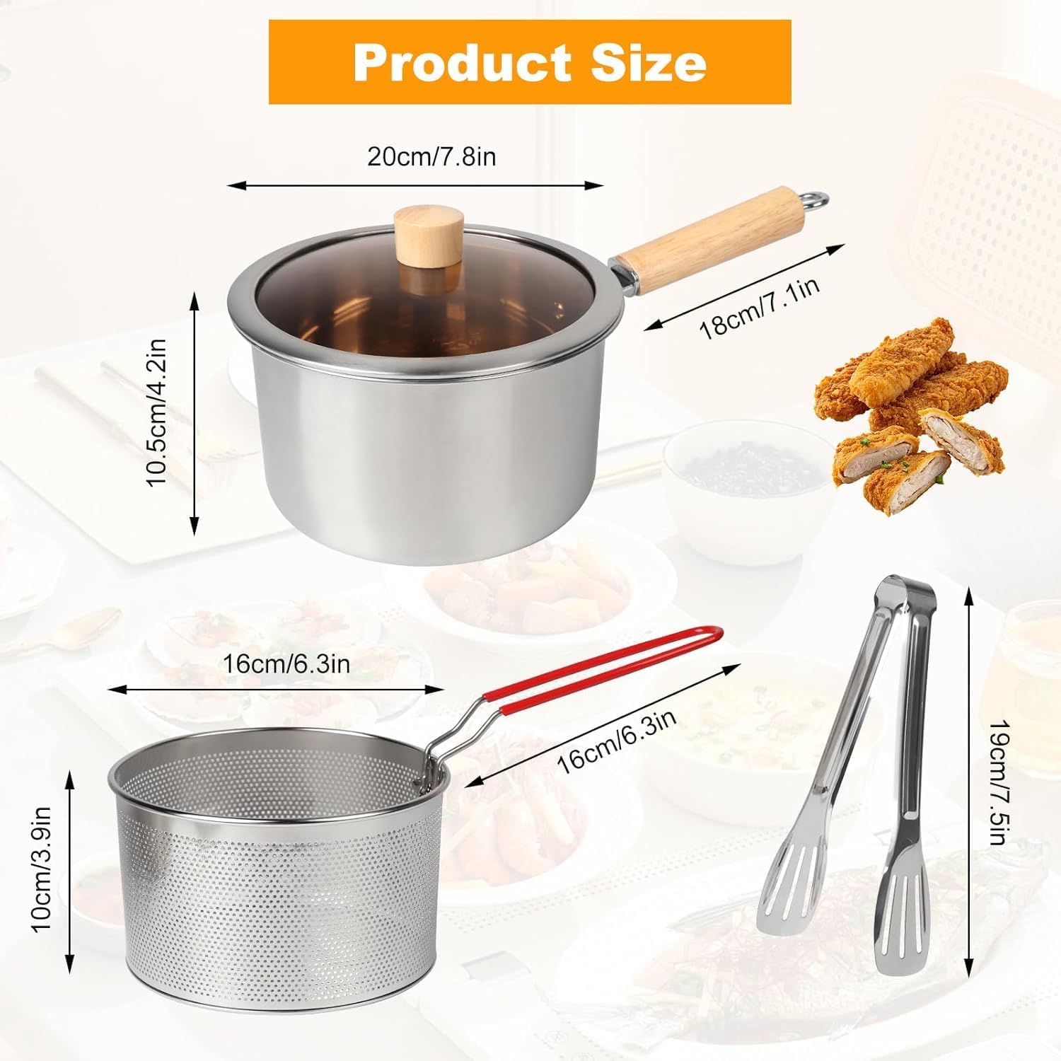 Deep fryer - Deep fryer - Saucepan - Cooking pot - Frying basket - Doughnut pan - Dutch oven - Induction pan - Gas - Electric - Frying set - Kitchen utensils - Kitchen accessories - Including tongs - Stainless steel - Stainless steel - Silver - 1 piece